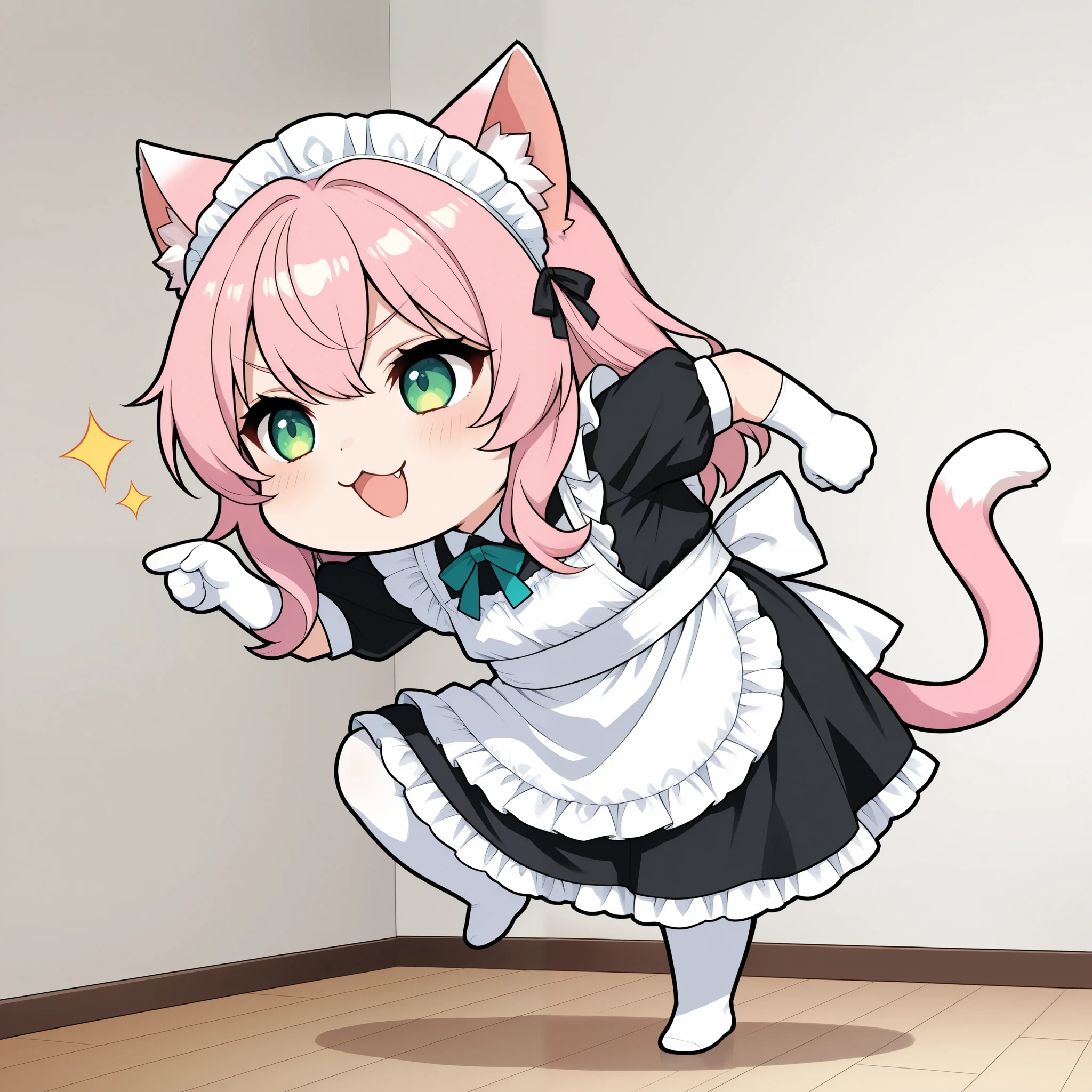 cute cat girl, genba _neko,chibi, pointing, standing on one leg, :3, open mouth, meme, parody, simple background, white background, full body, (maid clothes, frill), 4K High Resolution, vibrant coloring, best quality, 4K, masterpiece, hyper detailed, studio lighting, ultra-fine painting, vivid colors, sharp focus, Extreme Details, professional, HDR, UHD, bokeh effects ,