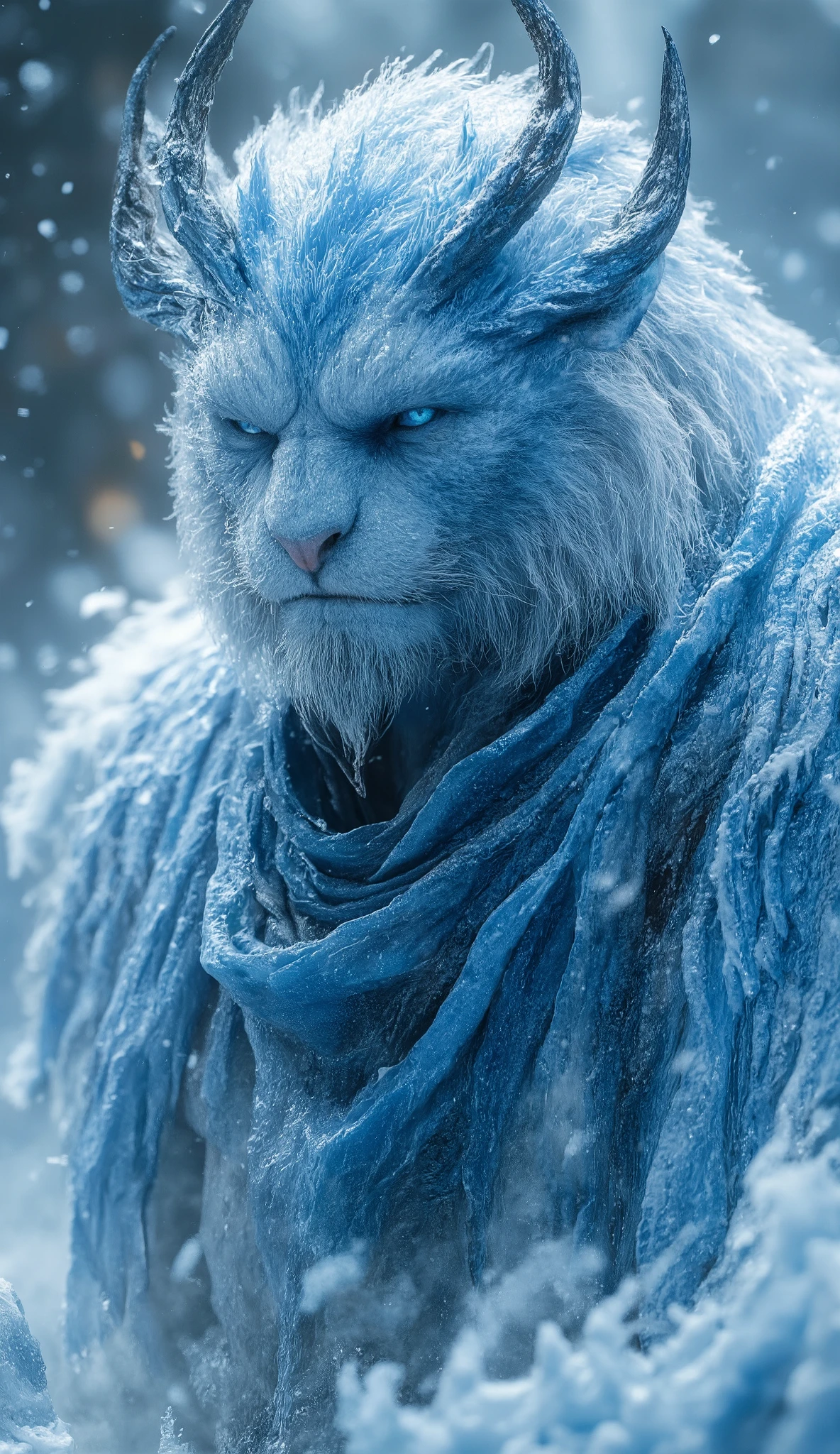 Tiger God – The Blizzard Emperor**
*A **white-furred warlord** with **sapphire stripes** roars into the wind, his **cloak made from the aurora borealis**. Icicles spear from his knuckles as a **muted spirit-tiger** (translucent as frozen mist) stalks beside him. Snowflakes suspend midair in his presence. Dynamic motion blur.*