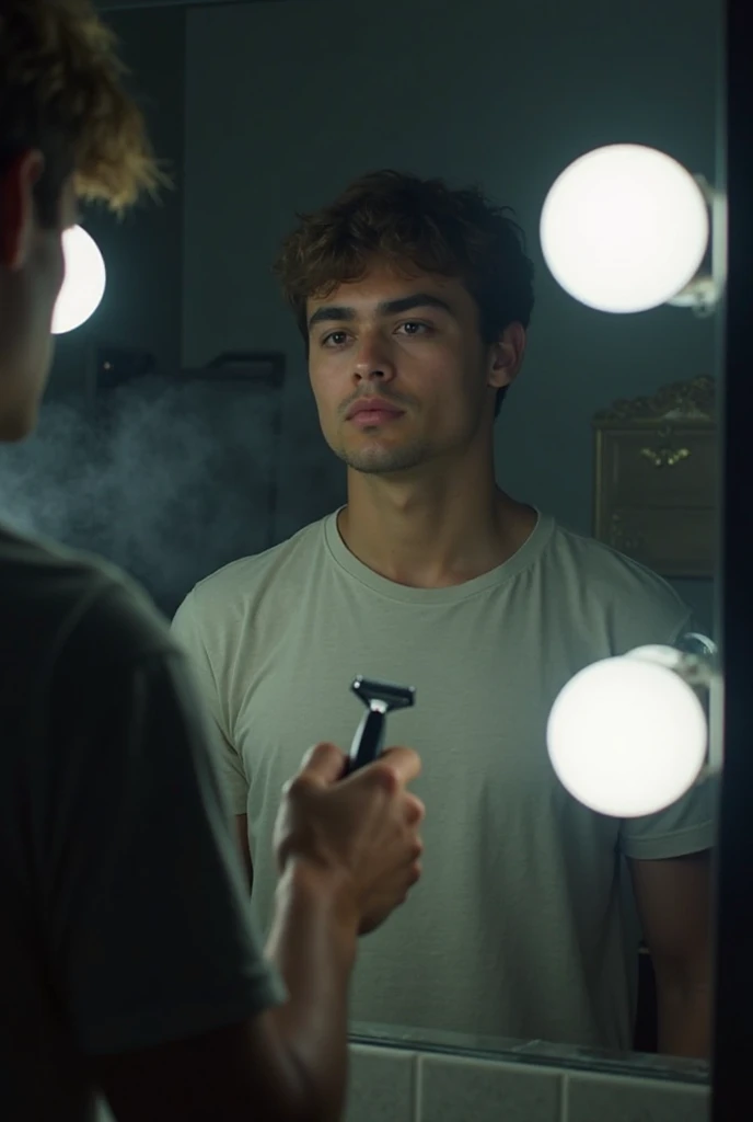 Lucifer lean body young in bathroom brushing teeth lookin at myself in mirror as i tear a bit 