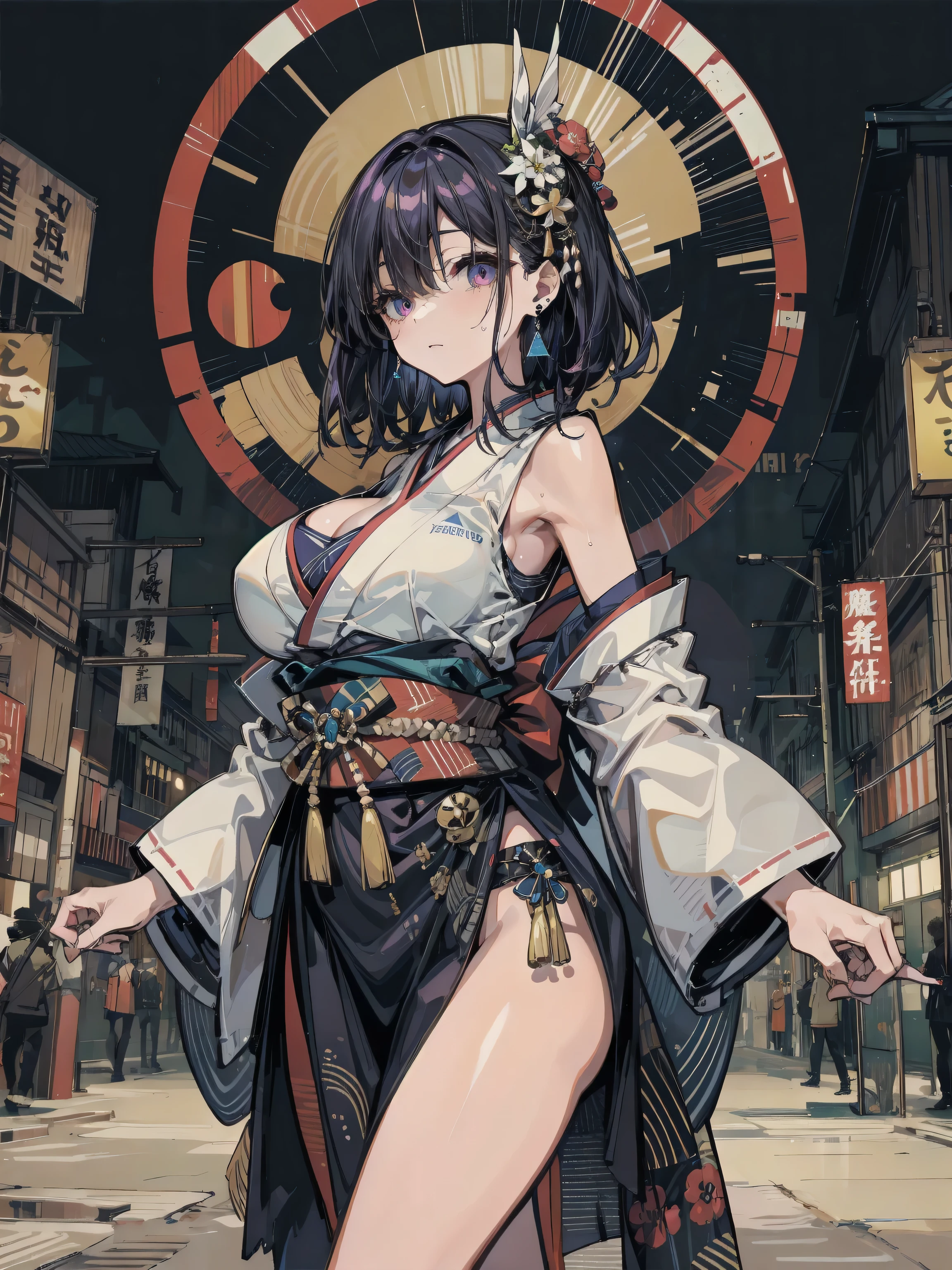 absurdres, RAW photo, extremely delicate and beautiful, masterpiece, Best Quality, ultra high resolution, 32k, hyperrealistic, ultra-detailed, in her 20s, delicate facial features, tearful mole, earring, ??????????????, full body shot, shorter middle hair, black hair, shuimobysim, Japanese kimono, ninja, samurai, sword with blue flames,