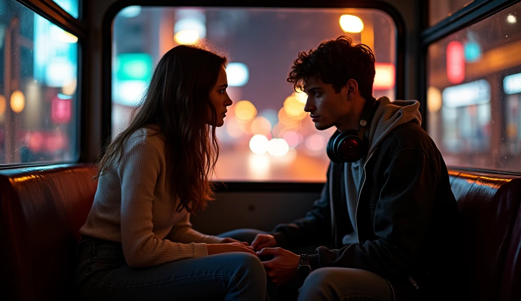 A boy age 27and a girl age 25 sleep on top of each other without their knowledge. Both are traveling in the metro. Realistic, intricate details, vibrant colours.