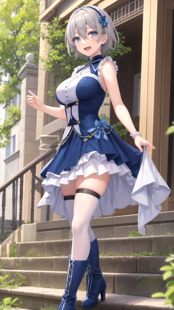 masterpiece, best quality, highly detailed, ultra high res, aichan, large breasts, 1girl, solo, blue eyes, hair ornament, short brown hair, braid, light smile, glossy lips, sleeveless idol dress, very puffy skirt, flared skirt, thigh highs, heeled boots, full body
