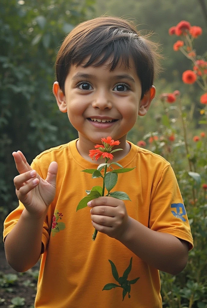 loeanerdinho1, Portrait of a three-year-old boy, waist-up, wearing glasses and casual clothing, with a highly detailed face (Face detailed:1.3). He's happily handing a flower to the viewer, facing the camera. Focus on the flower with a blurred background. Extremely realistic and detailed image with chiaroscuro studio lighting (Realism:1.3) (Chiaroscuro:1.1) (Detailed lighting) (Highly detailed clothing) (Joyful expression) (Vivid colors) (Flower in focus) (Background blur)
