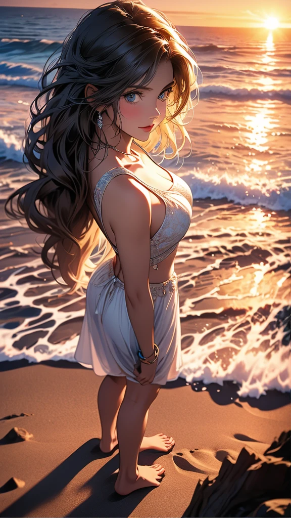 highest quality, High resolution, masterpiece, 4K，blonde，Big Breasts，camisole，Sandy Beach，Wet body，sunset，sunset，