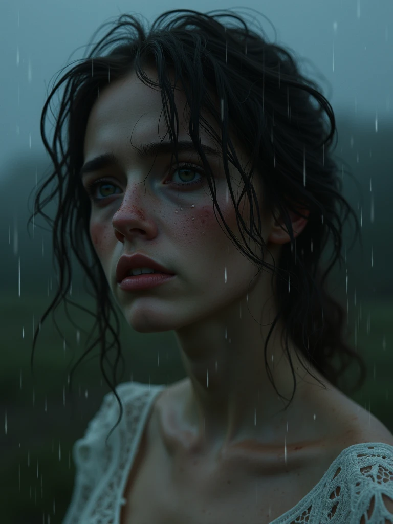 Best picture quality, masterpiece, ultra high resolution, (fidelity :1.4), photo, 1 girl,[(sadness)],white shirt, Dim, dark, desperate, pitying, pitiful, cinematic,tear,teardrop,(Torn clothes:1.5), (Wet clothes:1.4), bare shoulders,Real rain,wet hair,..