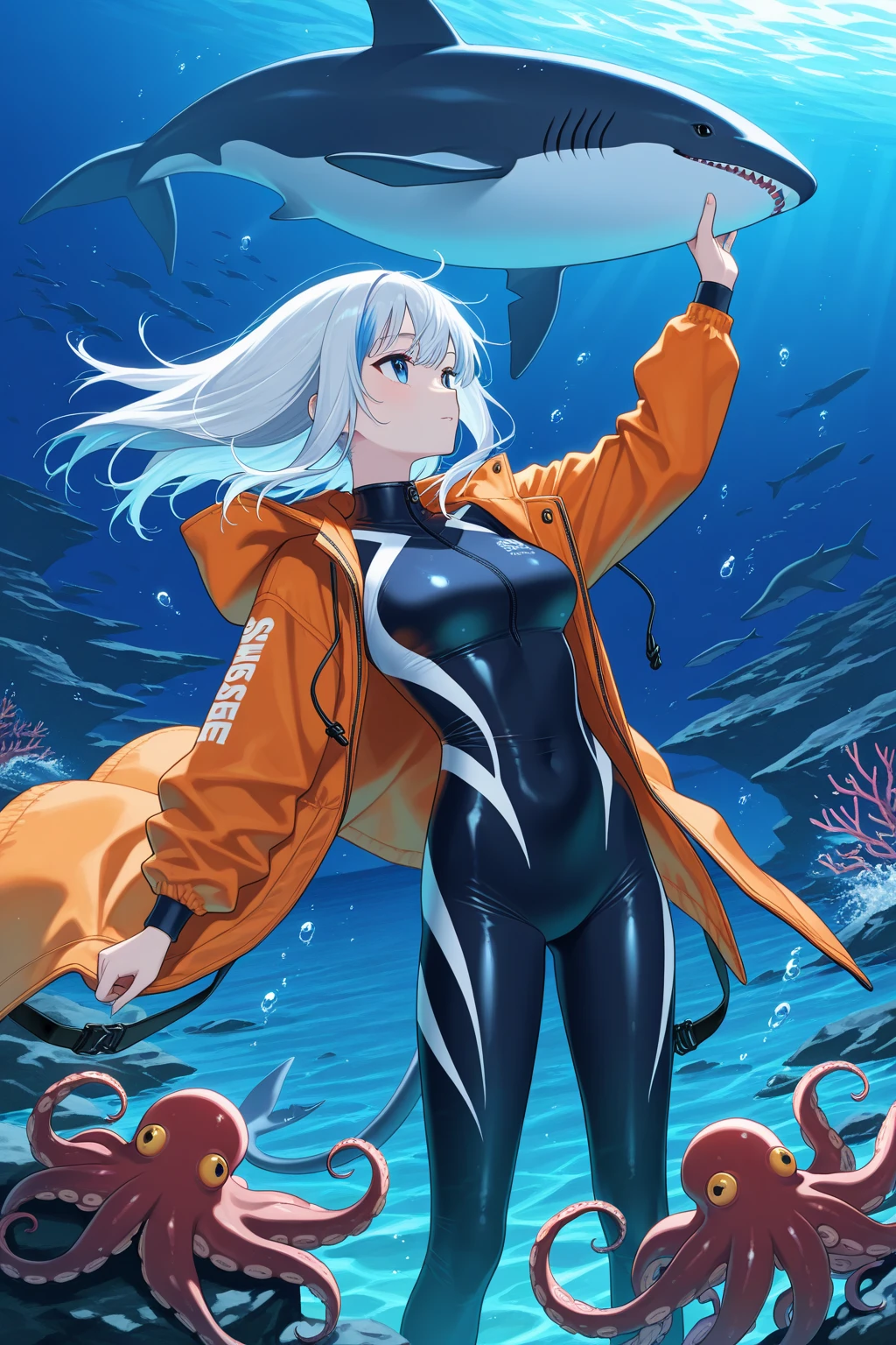 cat、Orange coat、submarine、Wetsuit、deep sea、Marine life、seabed、 comical、best image quality、masterpiece、top quality、The texture of crystal clear water、Whales、Shark、Killer whale、 seahorse 、Octopus、squid、Sea Serpent、Marine lifeが整列してcatの前に並んでいる