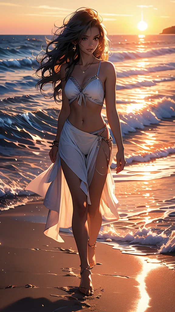 beautiful young woman, walking along the shoreline, robust decolletage, wearing beach attire, facing the camera, bright expressive eyes, sunset, professional photography., hot, gorgeous, full body , perfect light perfect composition Beauty Award winning masterpiece Artstation 8 k Artgerm Mucha Dim Volumetric lighting Octane 18 k Beautiful detail rendering. post processing, portrait, exaggerated detail, complex, grand composition, cinematic lighting, masterpiece, trending art station, high detail, masterpiece, beautiful, 18k , HDR, smooth, sharp focus, high resolution.