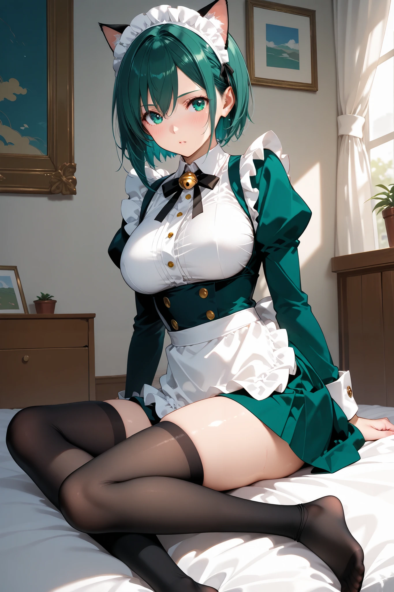 1girl in, Solo, breasts, Looking at Viewer, Smile, Bangs, Big breasts, Dress, Animal ears, medium breasts, Sitting, Closed mouth, lingerie, Green eyes, Blue hair, Visible panties, Sheer panties, Purple hair, Stockings - Shorts, thighs thighs thighs thighs, Indoors, Legs apart, ((Visible )), Feet, Legs, tiptoes, No shoes, soles, White tights, Focus on the feet 1 girl, Solo, breasts, Looking at Viewer, blush, Smile, Short hair, Bangs, Big breasts, Dress, Animal ears, cleavage, medium breasts, Sitting, Closed mouth, Underwear, Green eyes, Blue hair, Underwear, hair purple, Short sleeves, tights, thighs thighs thighs thighs, inside in room, Open legs, White panties, Apron, Wrist cuffs, maid, Maid headdress, tiptoes, No shoes, soles, The table, plant, foreshortening, White Apron, maid apronl, Panties under pantyhose, White pantyhose, potted plant, focus-on feet,Beautiful and perfect legs, Clean and perfect hands