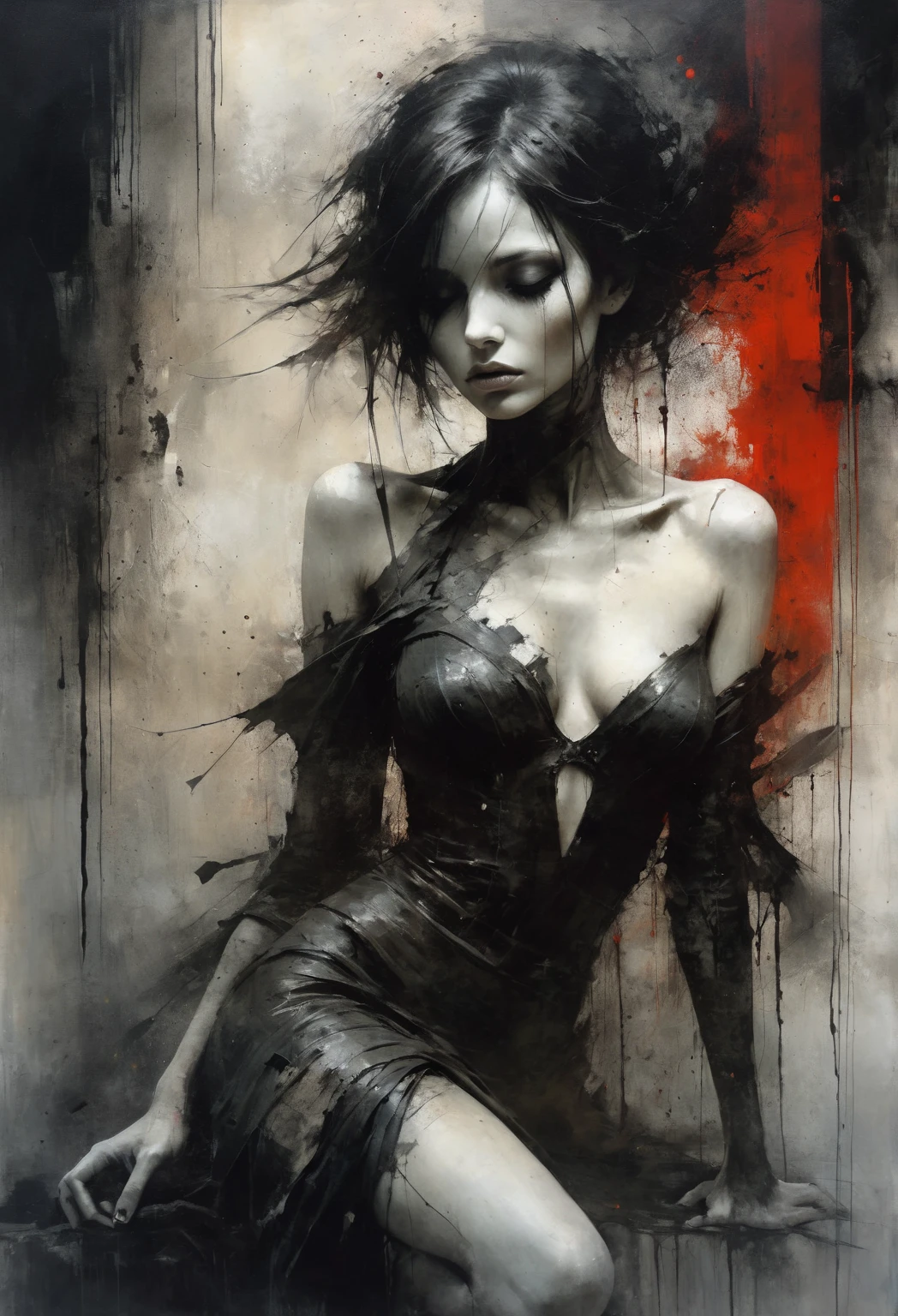 A girl who looks at people who ask her to dogeza with contempt., Love is war, Maximum facial details, Maximum detailed textures, Maximum detailed shadows, Maximum detailed backgrounds, ,full body,Oni Girl, ,Nakiri Ayame,eroticism, sexy, black and white image, between shadows, oil painting, chiaroscuro, sensual, dramatic lighting, moody atmosphere, photorealistic, intricate details, masterpiece, ultra-detailed, high quality, 8k, best quality, realistic, cinematic, dark and brooding, expressionistic, powerful composition, emotional impact, Bill Sienkiewicz inspired art