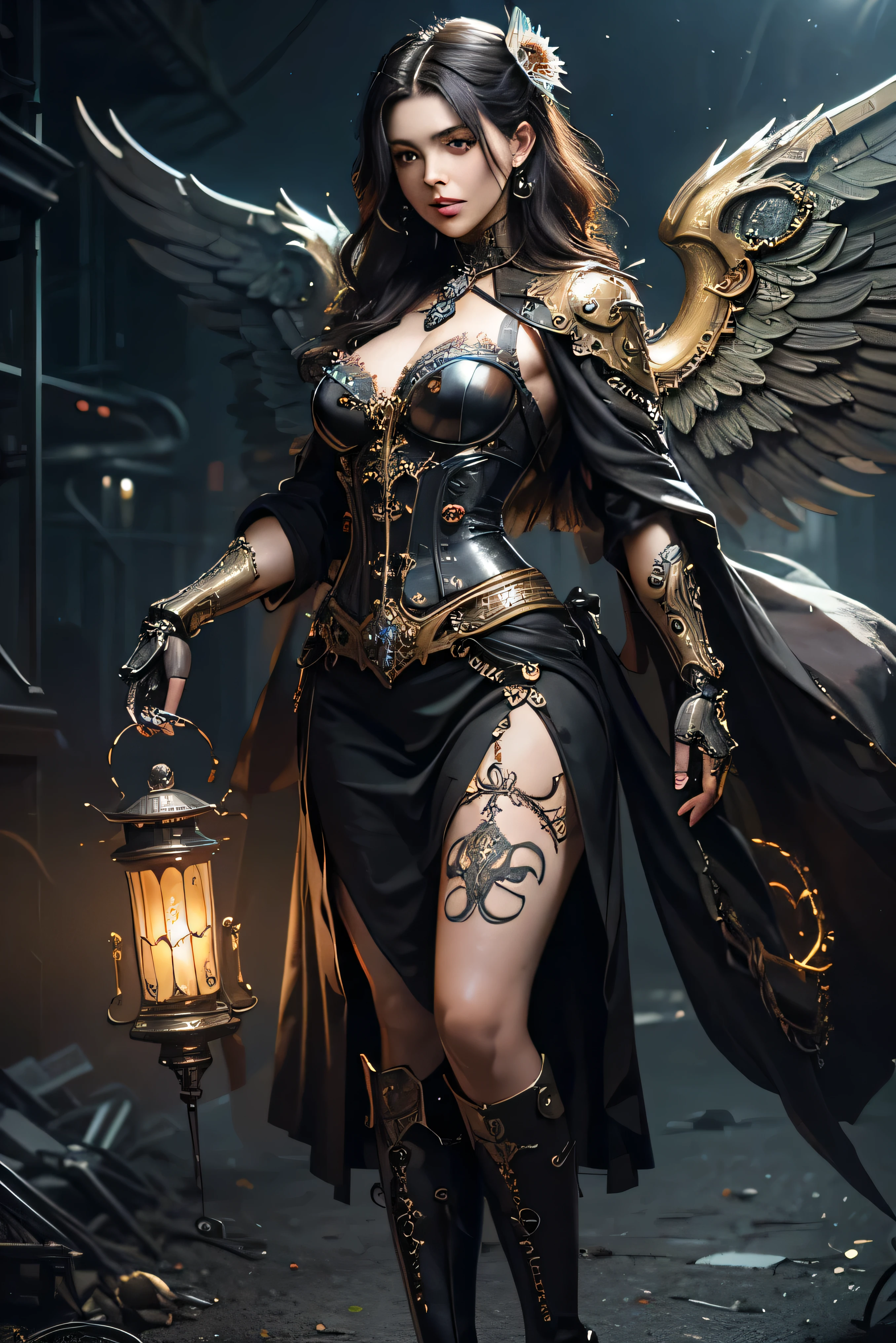 (Best quality,4K,A high resolution,Masterpiece:1.2),Ultra-detailed,(Realistic:1.37) Girl with mechanical parts, fullbody view in image, steampunk wind,Delicate clockwork details,Brass gears and gears,Beautiful and intricate design,(Mechanical wings),Glowing eyes and glowing tattoos,Colorful metal corsets and skirts,Elegant and elegant gesture,Industrial background with smoky atmosphere,Soft warm lighting,Vintage color palette,The human body and mechanical elements are perfectly integrated
