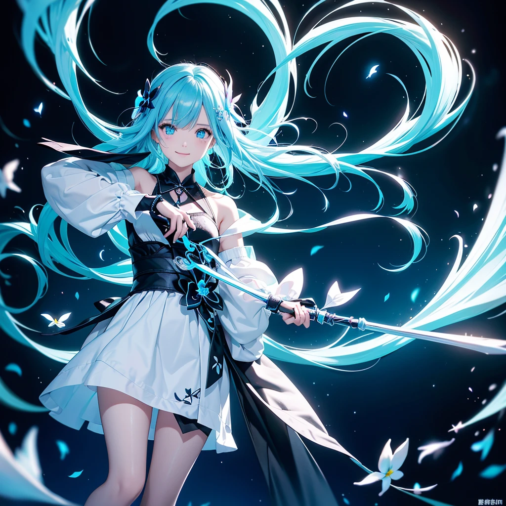 4K, High detailed, Pretty female in the dark, Holding a Glowing sword, Aura Sword, Glowing blue eyes, Long aqua hair, White skin, High detailed shadow, realistic, masterpiece