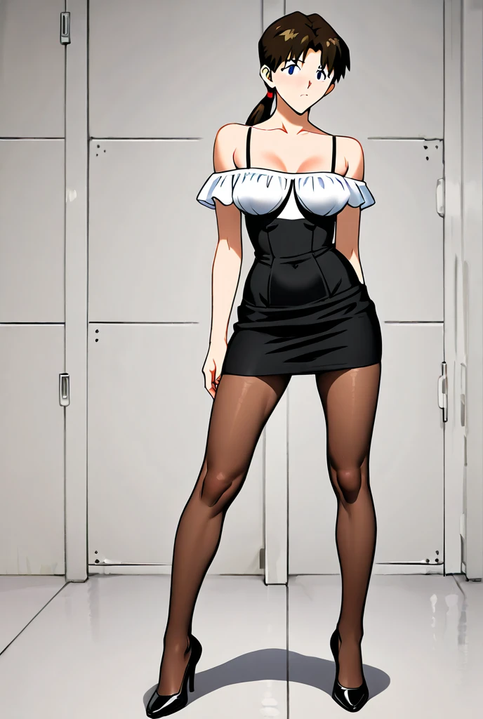 digital anime art, highly detailed, reference sheet, standing pose, feminine features, mature woman, adult female, tall figure, whole body, bald, form-fitting, office shirt, cropped sleeves, long pencil skirt, shoes, 1woman, solo, upper body, lower body, ((Extremely Detailed)), ((Best Quality)), ((Masterpiece)), ((4k)).