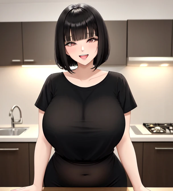 ((realistic)), (masterpiece, best quality),hot (milf), woman standing in kitchen, Korean style long skirt autum dress, Autumn Dress Korean Version Long Skirt Gentle Sexy Tight Wrap Hip Mermaid, wide hips,wearing black apron, large breasts,saggy breasts, (shoulder cut hair, cute bangs, bangs), long skirt, smiling, facing viewer, earrings, cupboard, stove, window, blue eyes,
