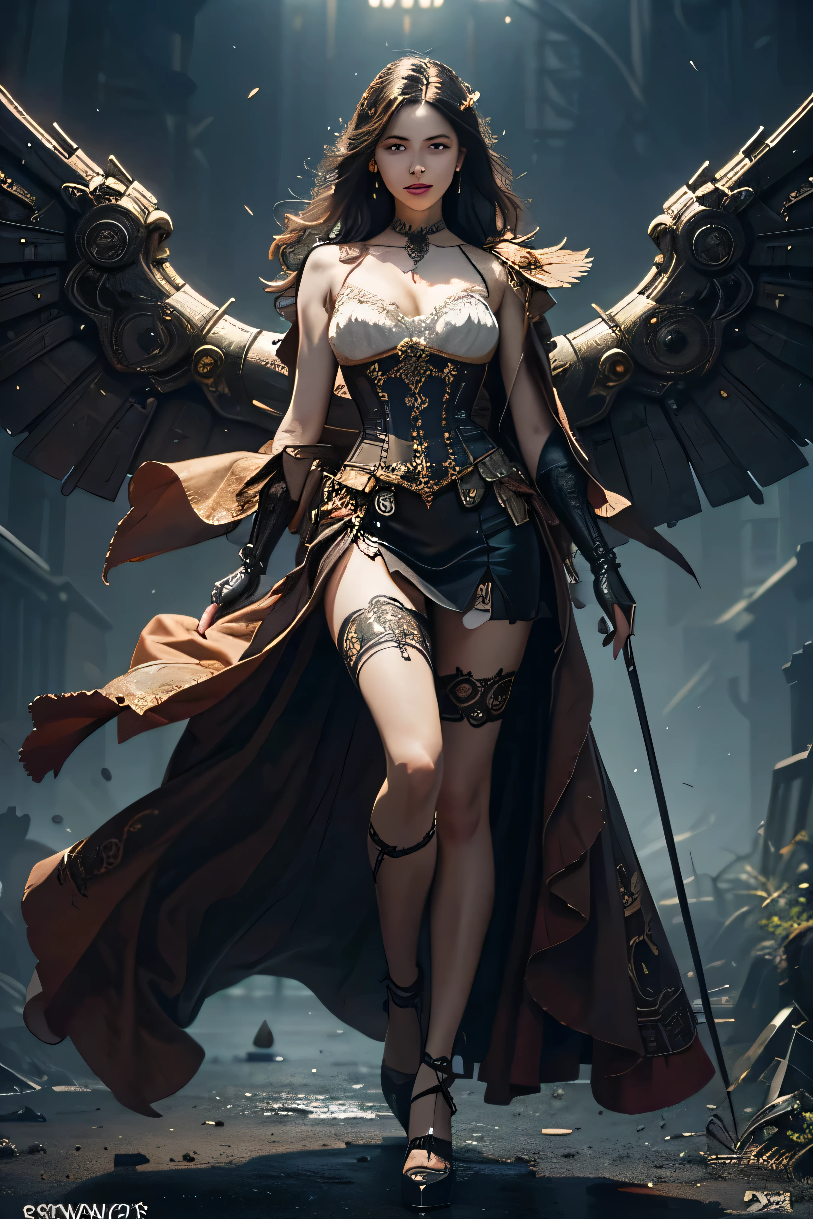(Best quality,4K,A high resolution,Masterpiece:1.2),Ultra-detailed,(Realistic:1.37) Girl with mechanical parts, fullbody view in image, steampunk wind,Delicate clockwork details,Brass gears and gears,Beautiful and intricate design,(Mechanical wings),Glowing eyes and glowing tattoos,Colorful metal corsets and skirts,Elegant and elegant gesture,Industrial background with smoky atmosphere,Soft warm lighting,Vintage color palette,The human body and mechanical elements are perfectly integrated