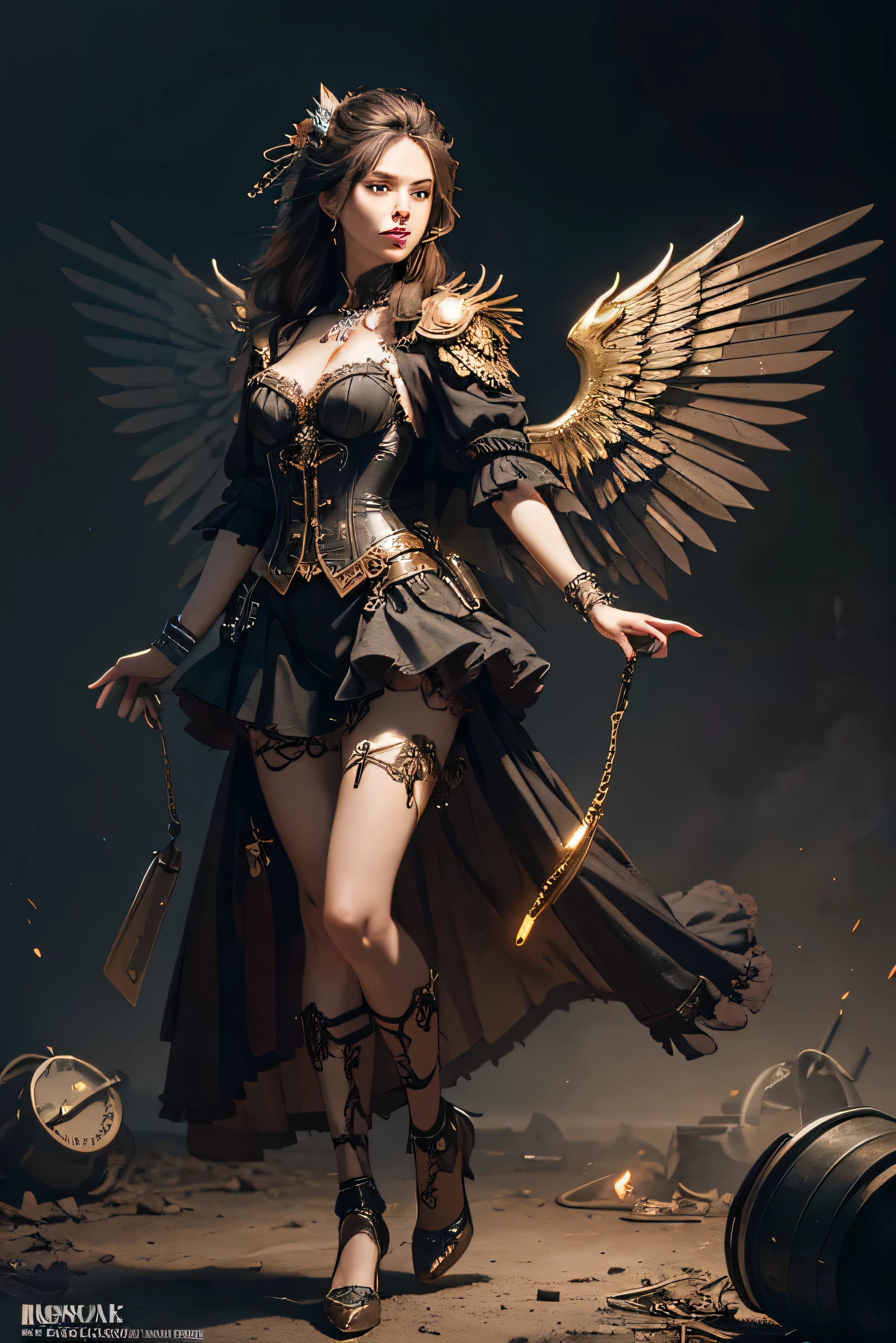 (Best quality,4K,A high resolution,Masterpiece:1.2),Ultra-detailed,(Realistic:1.37) Girl with mechanical parts, fullbody view in image, steampunk wind,Delicate clockwork details,Brass gears and gears,Beautiful and intricate design,(Mechanical wings),Glowing eyes and glowing tattoos,Colorful metal corsets and skirts,Elegant and elegant gesture,Industrial background with smoky atmosphere,Soft warm lighting,Vintage color palette,The human body and mechanical elements are perfectly integrated