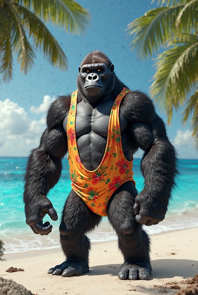 male gorilla, muscular athletic, posing sensually, sexy, wearing hawaiian skirt, wearing a flower necklace, naked torso, during the day, on the beach, NSFW, whole body, WET BODY, well detailed, Good quality, big body.