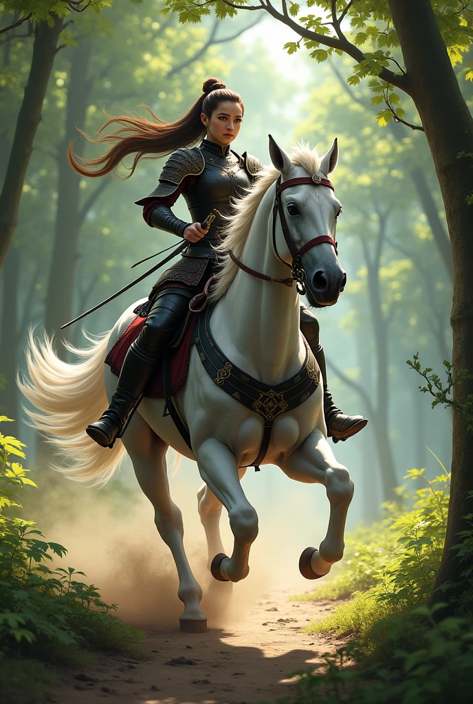 Sango A warrior with long brown hair tied in a ponytail, wearing black leather armor, Riding a white horse in the middle of the forest horse galloping video