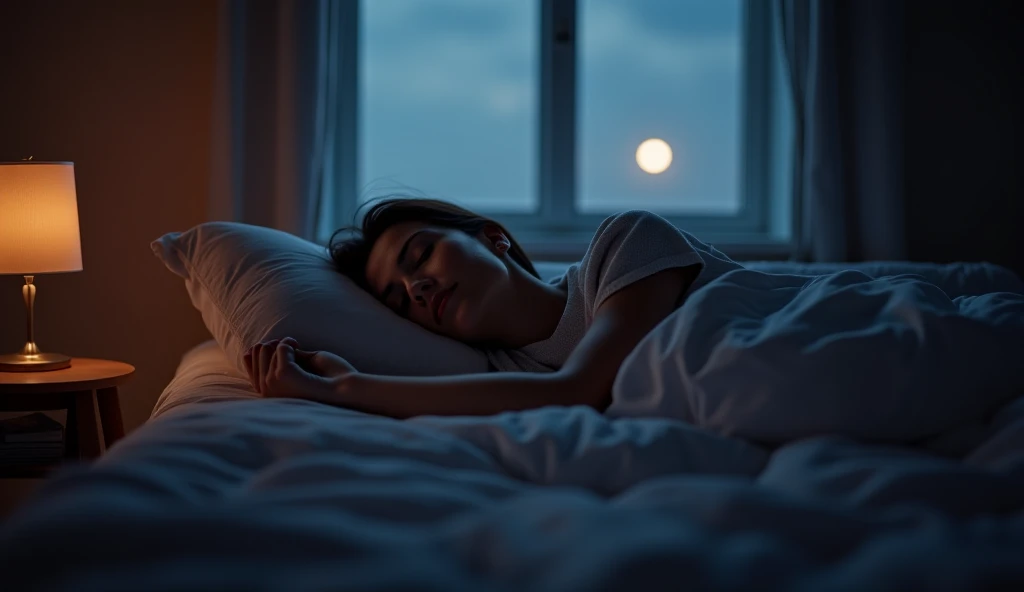  wide shot, from above , top of view, Aerial view of a cozy bedroom at night, with a beautiful young girl lying peacefully on a soft bed. The room is softly illuminated by moonlight streaming through a large window, creating a warm and tranquil atmosphere. The bed is neatly made, with soft pillows and a light blanket. High-quality, cinematic, 4K.