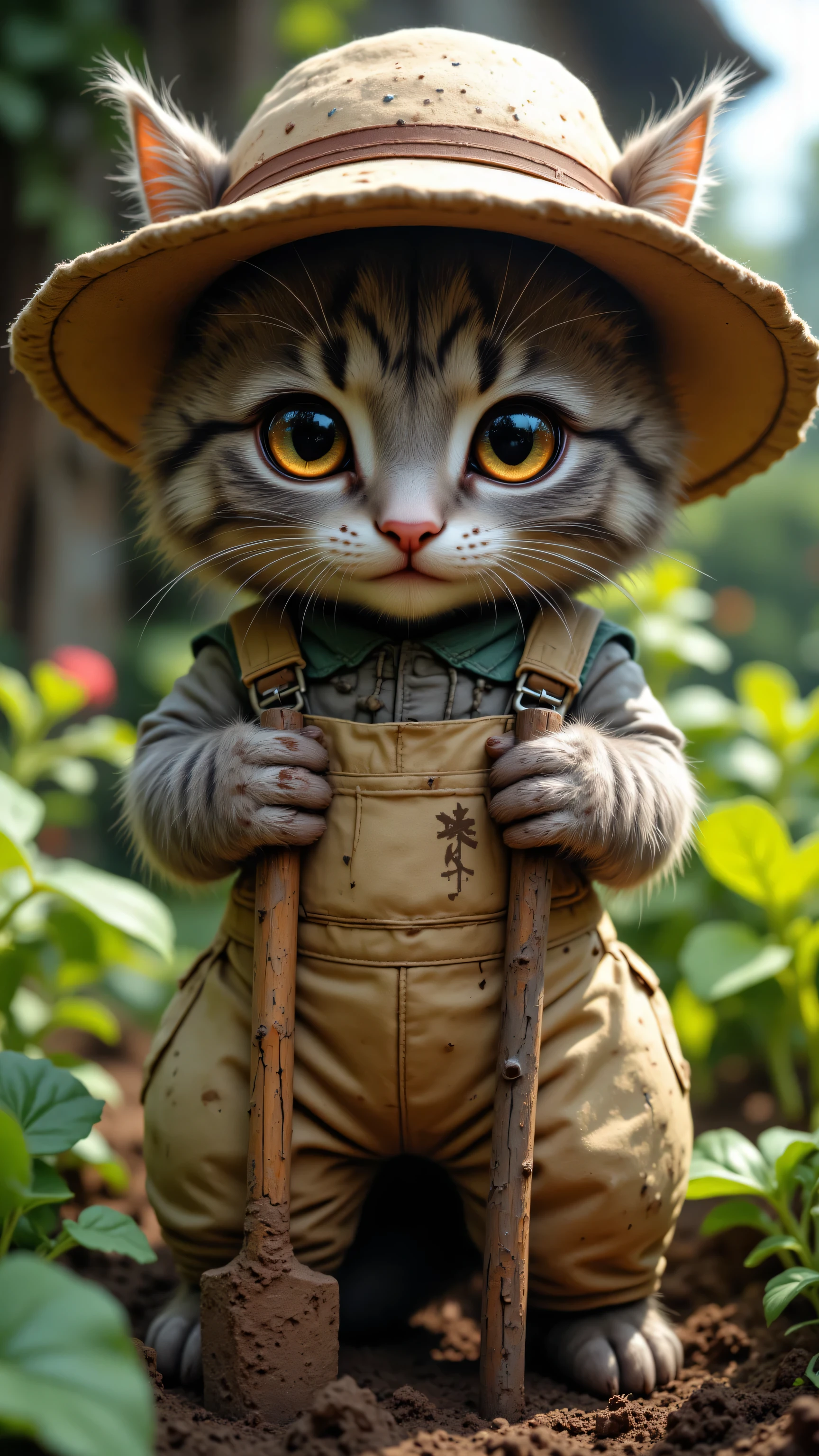 8k, Masterpiece, Top Quality, Low-angle, close-up. Tabby, gray-brown fur, large eyes, small size. Overalls, mud-splattered, beige, sun hat, tan. Holding tool, upright, Garden, green plants, soil, blurred background, natural light.