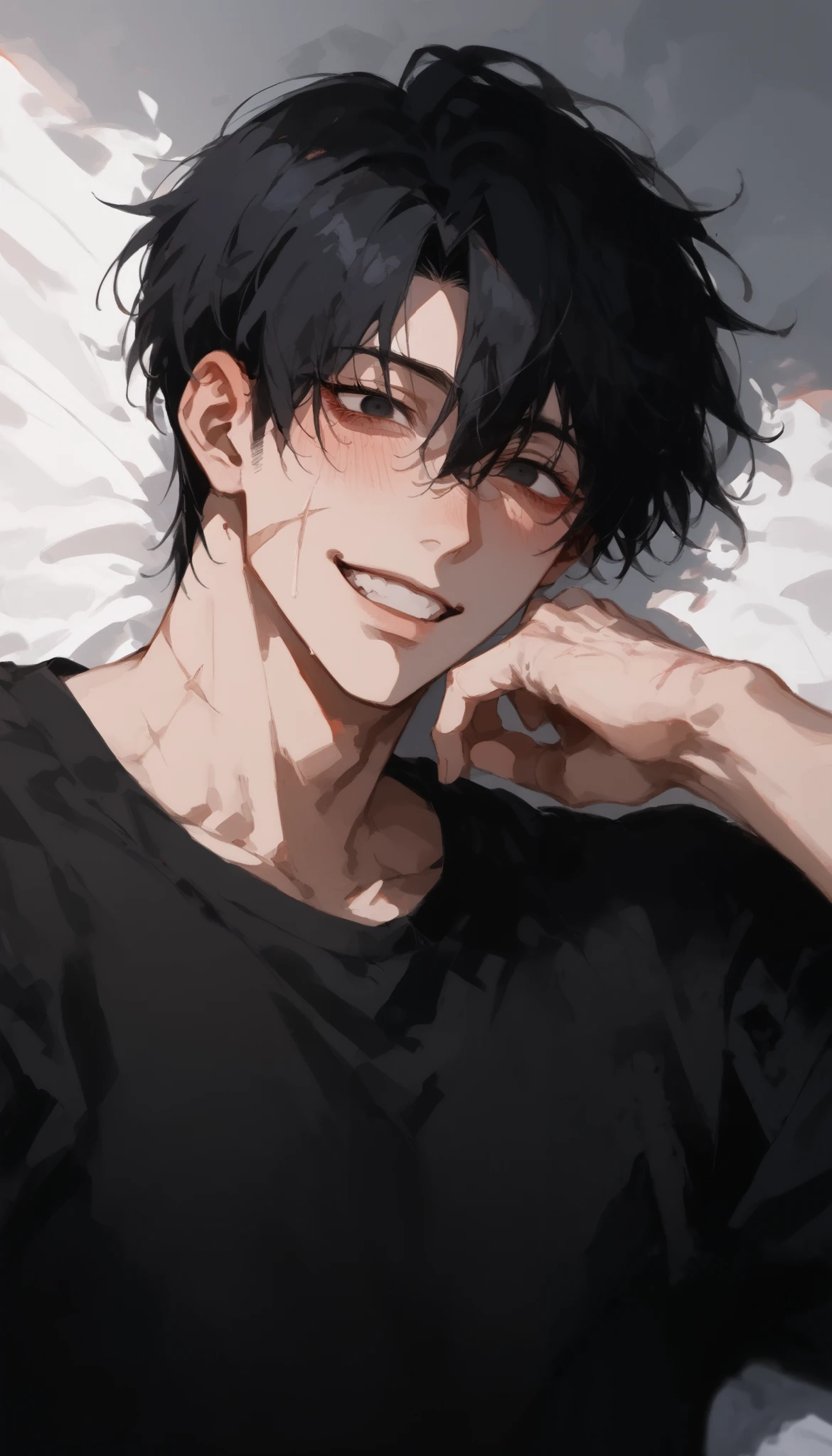 high resolution, masterpiece, accurate, anatomically correct, 最高quality, High Details, HD Model, quality, 高quality, in white for summer very detailed, Ultra-fine, Delicate use of colour, delicate illustration, The gills on my face are tight, handsomeな male, handsome, 成人 male, male, manly face, strong, solo, 1 person, 1 personだけ, handsome, anime boy with black hair and black shirt laying on a bed, grinning lasciviously, gapmoe yandere, portrait gapmoe yandere grimdark, [[[[grinning evily]]]], smiling, tall anime guy, black void eyes, gapmoe yandere grimdark, handsome japanese, kaneki ken, black eyes, void eyes,scars in body,hair between the eyes, long eyelashes,blush,looking at the viewer,with his head resting on his hand,on his side,closed mouth,shadow,shadow monster, shadow monster behind the man,