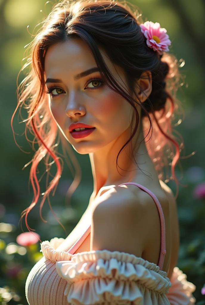 A girl in a garden,half:illustration,beautiful detailed eyes,beautiful detailed lips,extremely detailed eye and face,long eyelashes,Plump Tits,breasts with gigantic cleavage:1.6,High resolutions,ultra detaild,fotorRealista,bright coloured,bokeh,portraits,warm hues,soft lighting, (the best quality,4K,8k,High resolutions,work of art:1.2),ultra detaild,(Realist,fotorRealista,fotorRealista:1.37),classic,incredible,beautiful detailed eyes,beautiful detailed lips,extremely detailed eye and face,long eyelashes,oil painting style,screen texture,old fashioned dress,golden lighting,garden landscape,floral flowers colorful,romantic atmosphere,cores vintage,soft sunlight,serene expression,elegant pose
INFO