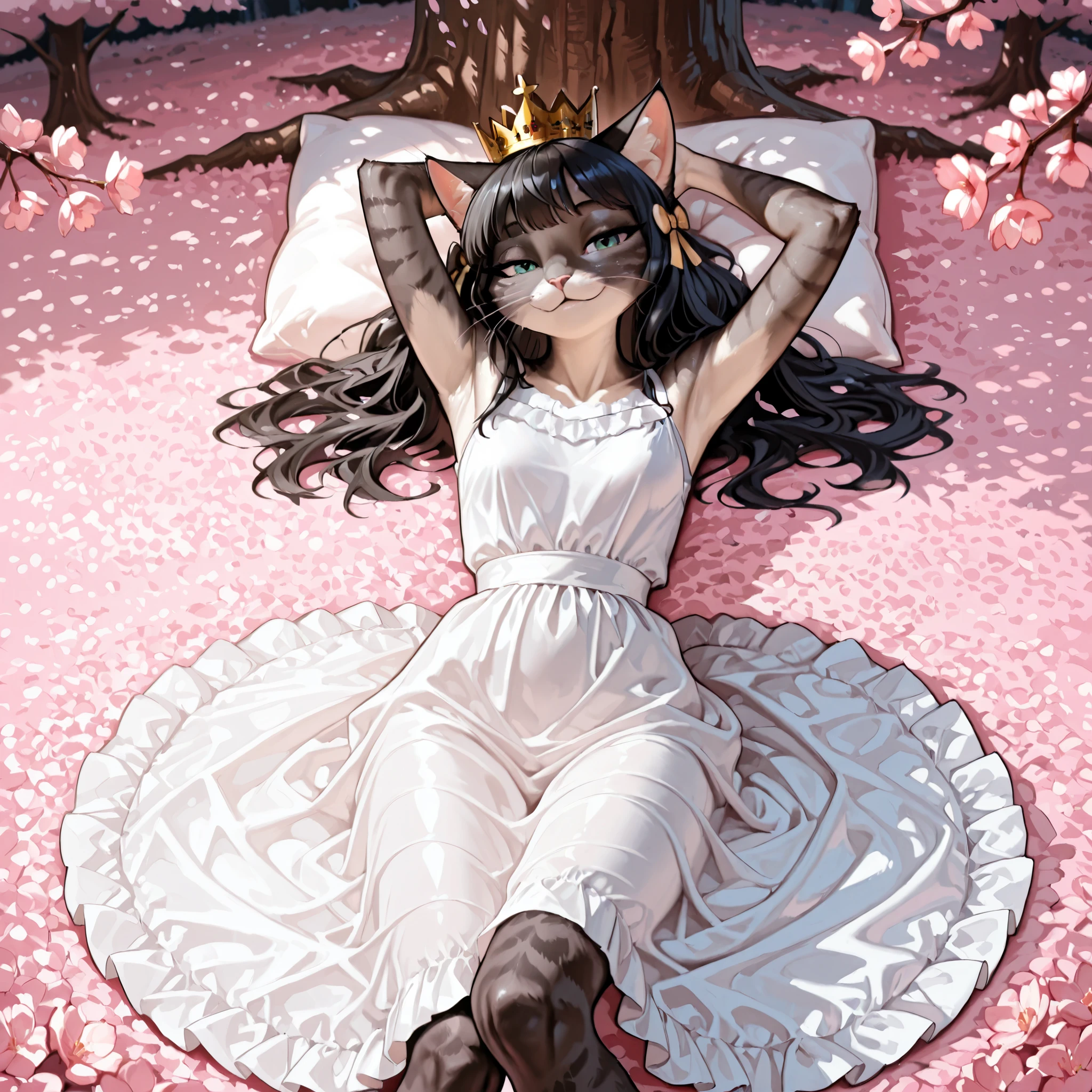 In a cinematic and hyper-realistic , furry, Xochitl Gomez with cat ears, age 35, lying in a Japanese cherry blossom forest, wearing a dress made of cherry blossoms and flowers , beautiful long, messy black hair, wearing a single cherry blossom in her hair, wearing a golden crown, seductive look, Perfect cat Eyes, perfect cat body, slim athletic body, beautiful, detailed face, detailed skin with cat fur, silicon skin, completely covered in cat fur.