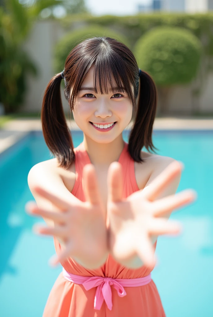 Japanese woman doing strength training. She was 50 years old and、Very muscular and short hair。whole body｡She has very, A gentle smile and very cute eyes.cute chest.she has sweaty skin。The background is a pool。It's sunny.She is facing forward。arms crossed。she is naked。nipples are visible｡4k.Photoreal.hdr.