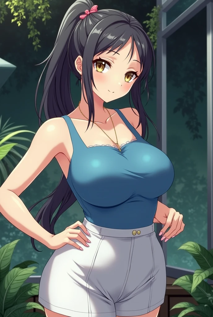 masterpiece, best quality, <lora:kzseraphim-nvwls-v1-000009:0.9> kzseraphim, ponytail, yellow camisole, yellow shirt, cleavage, huge breasts, belt, midriff, jeans, upper body, furrowed brow, night sky, trees, looking at viewer