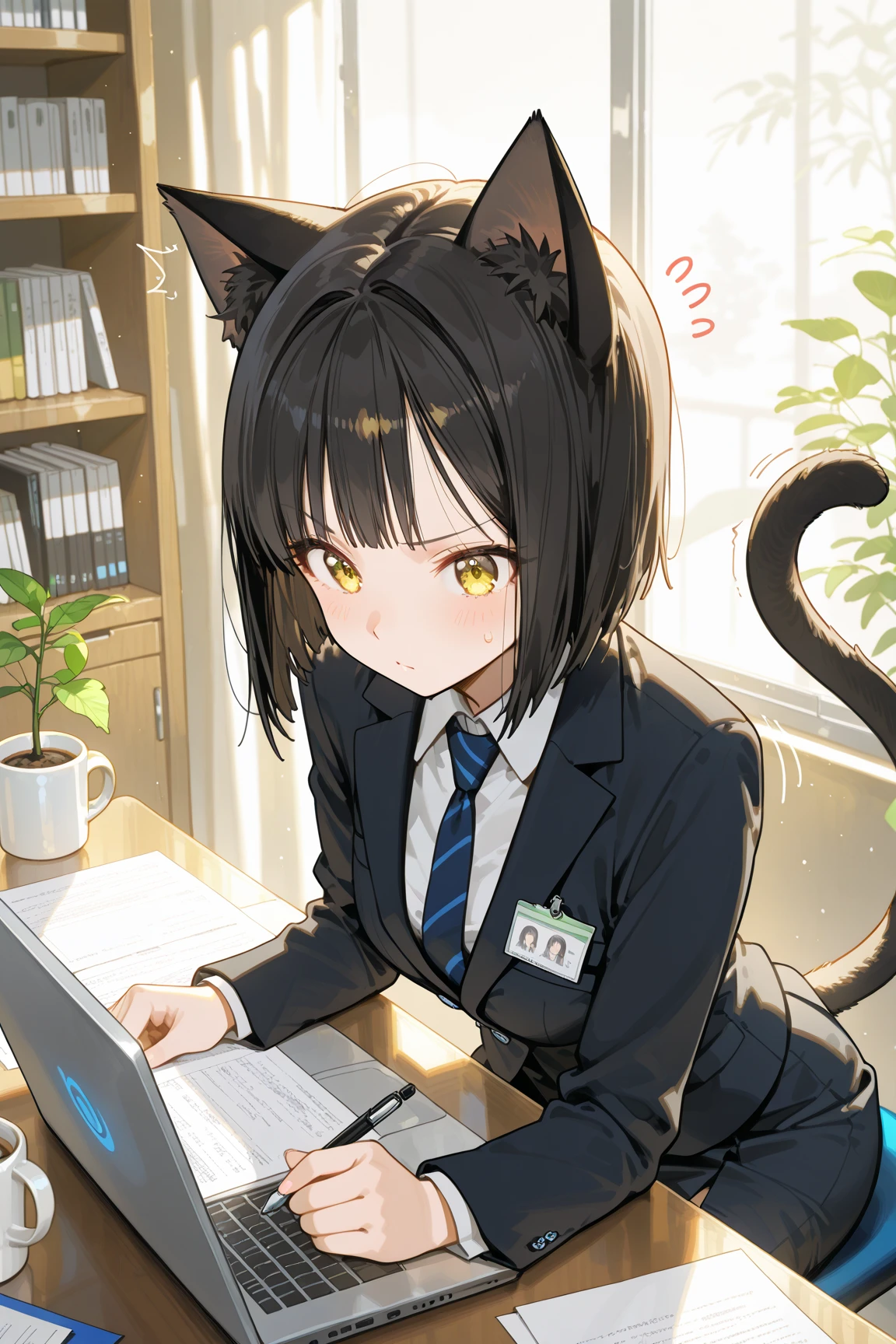 masterpiece, best quality, ultra high resolution, highly detailed, anime-style,  
Ai, a small and graceful girl with black bob hair and golden eyes, wearing a sleek office outfit – white blouse, fitted blazer, and tight skirt,  
adorable black cat ears on her head and a soft, curved tail behind her,  
sitting at a modern office desk, working on a laptop or reviewing papers,  
expression: focused but gentle, or slightly confused with one eyebrow raised,  

surroundings: a bright office interior with shelves, plants, and soft sunlight through the window, coffee mug nearby,  
her cat tail slightly curled, ears perked up or twitching, subtle cat-like charm in a serious setting,

tags: office girl, cat girl, working, anime-style OL, cat ears, desk work, professional outfit, charming contrast
