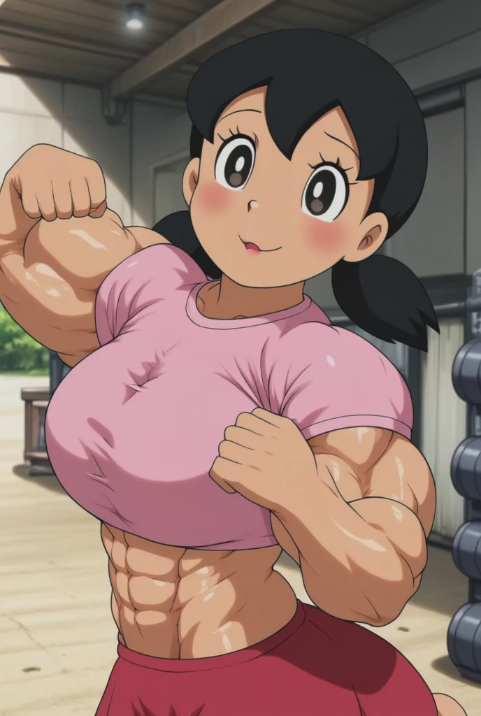 chichi_dbz, standing, solo, large_breasts, Purple_Dress_Orange_Neckerchief, masterpiece, best quality, detailed face, detailed eyes, highreasterpiece:1.0),(best_quality:1.0), ultra high res,4K,ultra-detailed, photography, 8K, HDR, highres, absurdres:1.2, Kodak portra 400, film grain, blurry background, bokeh:1.2, lens flare, (vibrant_color:1.2),professional photograph, (Beautiful,large_Breasts:1.4), (beautiful_face:1.5),(narrow_waist),(beefy, muscular, female, bodybuilder), (best quality, 4k, highres, HDR, professional), (vivid colors, sharp focus), (studio lighting,physically-based rendering), (portrait, fitness, strength), (exquisite details), (intense, determined expression), (long dark hair, sculpted arms), (flexing biceps, toned abs), (sweat dripping, glistening skin), (posing on a gym floor), (background blurred), (strong and confident posture), (athletic leggings, sports bra), (weightlifting belt), (gym equipment in the background), (tattoos on arms), (sweatbands on wrists), (spotlight highlighting muscles), (striking physique), (dynamic lighting and shadows), (impressive muscle definition), (energy and power), (grit and determination), (bodybuilding competition setting), (admiring crowd in the background), (focused and intense workout), (muscle pump and vascularity), (natural lighting), (commanding presence), (extraordinary strength and confidence), (competition-grade muscle tone), (explosive energy), (maximum muscle density and size), (female empowerment), (awe-inspiring physique), (body positivity), (inspiration and motivation).