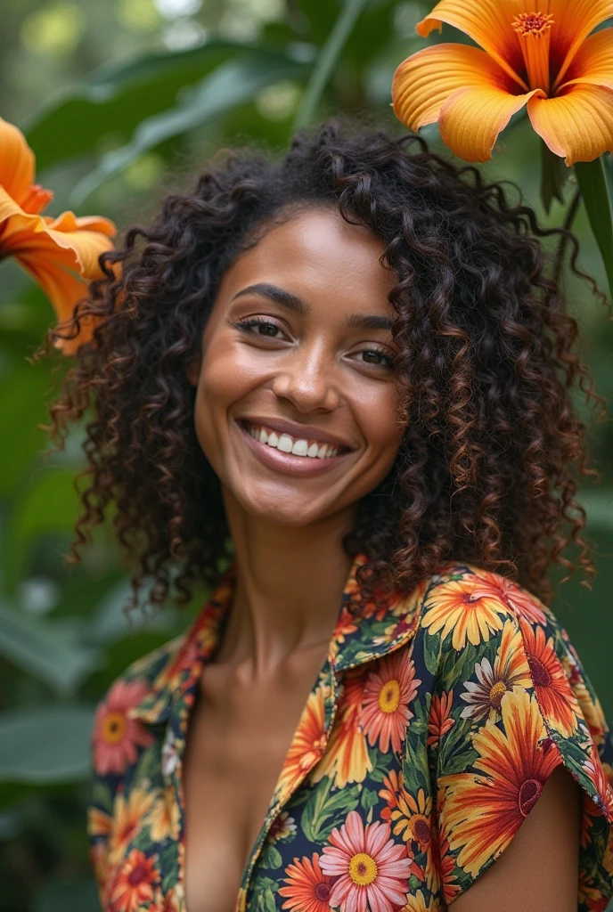 A Brazilian woman in a lush tropical garden, wearing an open shirt with a floral print, with a close-up capturing the harmonious beauty between her breasts and the natural flowers, showing off your natural charm and outgoing personality.
