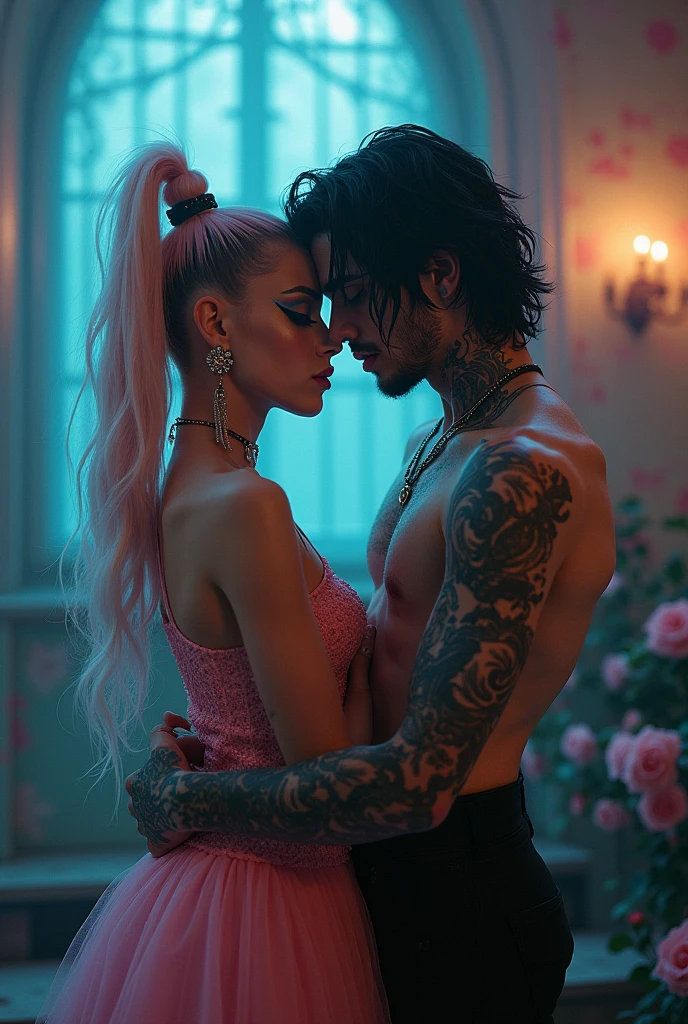 

Wide shot of a romantic black basement with red lights,  silhouette of a man with short hair shaved on the sides, brown with white highlights, disheveled , sitting and that of a woman sitting on his lap with black dreadlocked hair, velas romantic, dynamic poses, romantic, covered with a white silk cloth, hair in hands behind back.