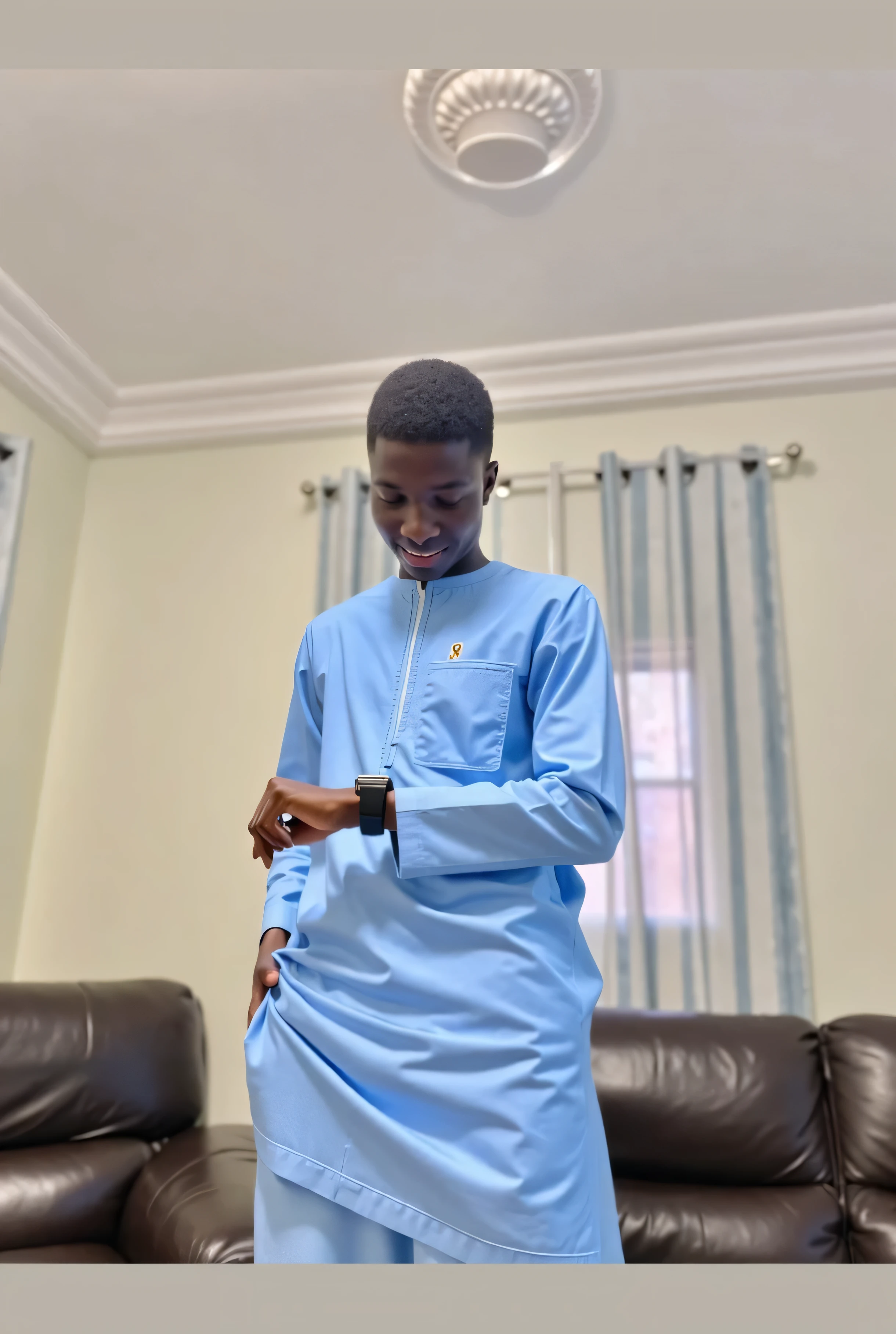 There is a young boy standing in a room with a television, Riyahd Cassiem, il a environ 20 ans | court, Thobe dressed, Young boy, wear traditional clothing, Areas of Adebanji, environ 1 9 ans, avec une expression heureuse, Image absolument exceptionnelle, un beau, young male with walking stick, porter une tenue authentique