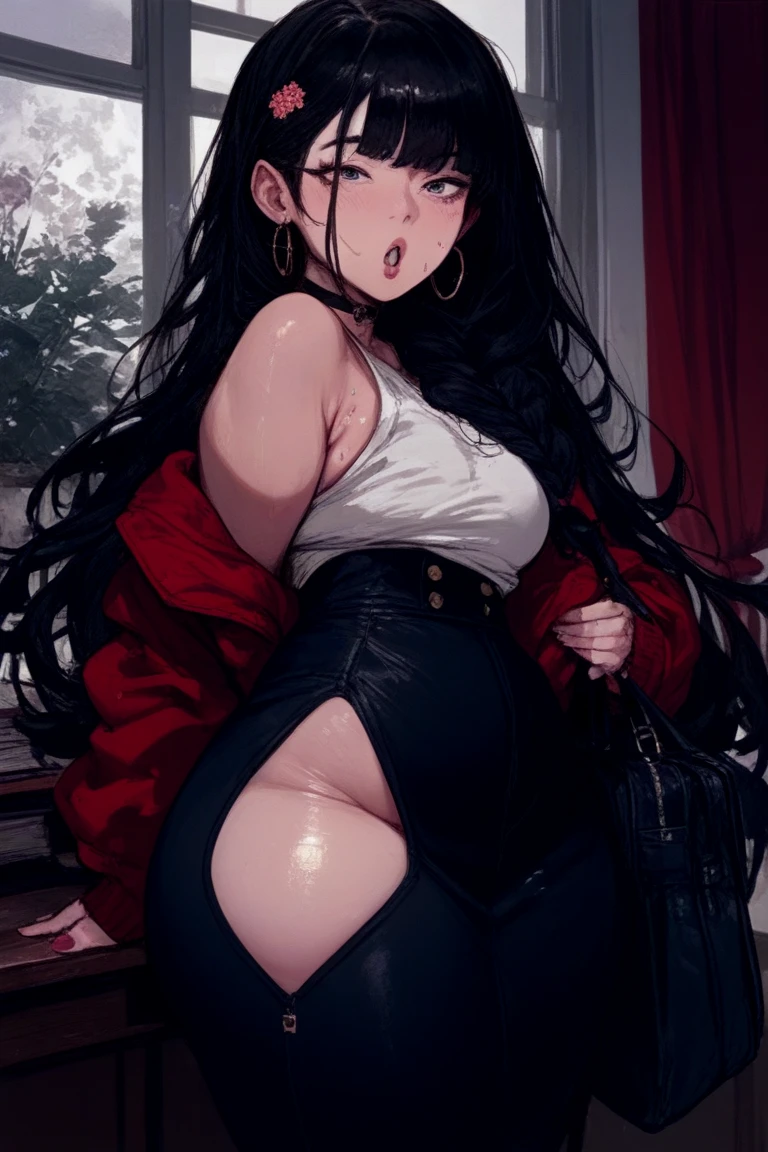 masterpiece, amazing, 8k, detailed, 1girl, ((from below)), black tights, (looking down), long sleeves, off shoulder, (red sweater), sweater dress, ((pussy)), ((naked pussy)), white hairband, ((sitting)), knees, showing her pussy, lifting her dress, nudes, (lifting her legs)