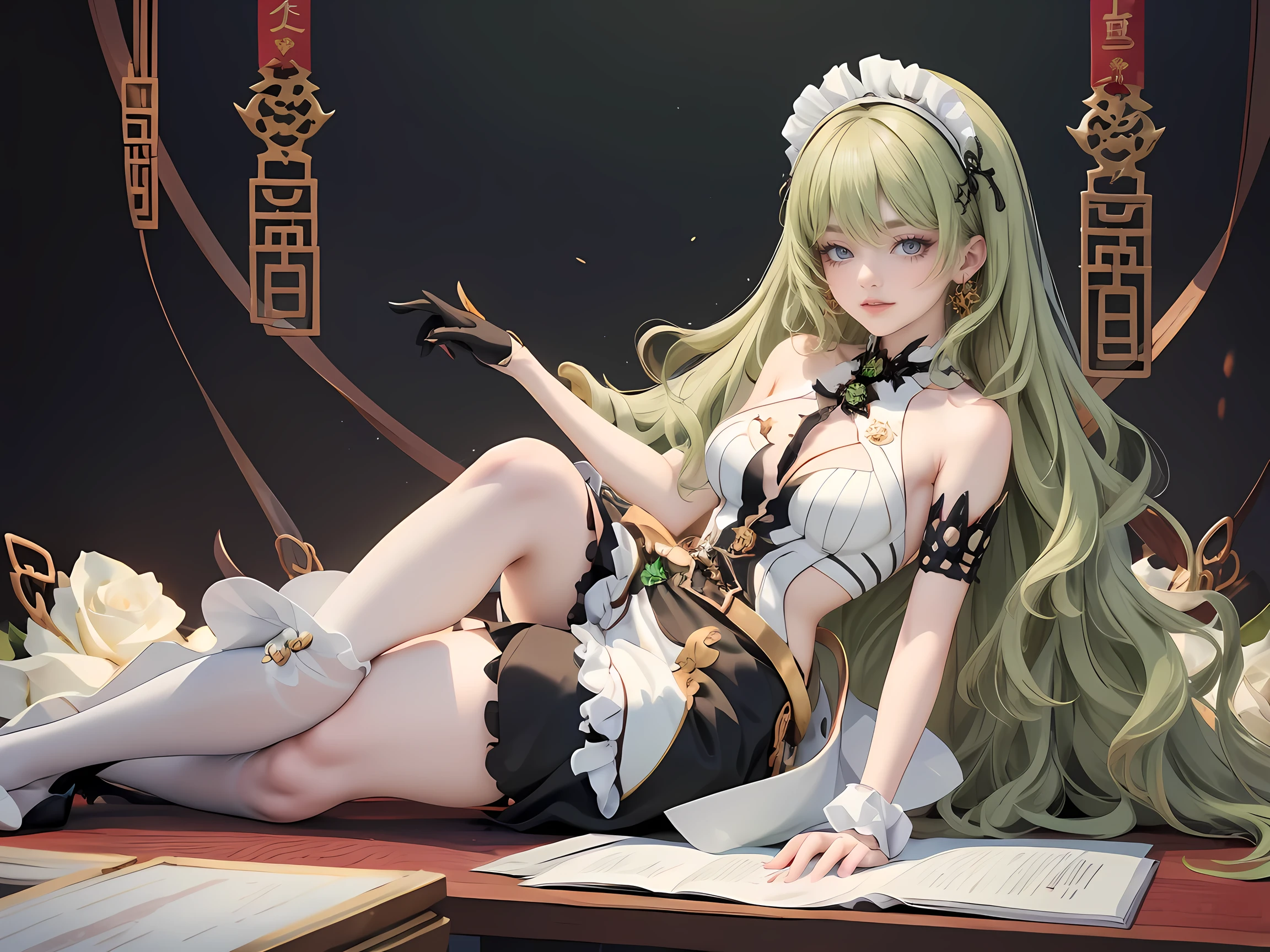 1girl, green hair, harness, black dress, chinese maid design, solo, white roses, stomach, symmetrical gloves, high socks, harness, tassel, chinese maid dress, v neckline, garter on the legs, stand up, white apron, maid dress, chinese maid, chinese aesthetic, thigh gap, harness, white roses on her hair, solid background, chinese maid uniform, full body, too many frills in her dress, magical girl, perfect anatomy, gold jewelry, harness, breasts curtains, Cute pose, beautiful hairstyles with white roses, tassel, glow eyes, long hair with long waves and white roses, high thigh, frills, harness, chinese maid uniform, chinese maid dress, white apron, garter on the legs, gold jewelry, solid background, stand up, blushing, maid headdress, chinese maid dress with too many frills, Chinese aesthetic, flare skirt, harness, centered girls, full body, glowing hair, magical girl, more details on her clothes, golden details on her dress, harness, tassel