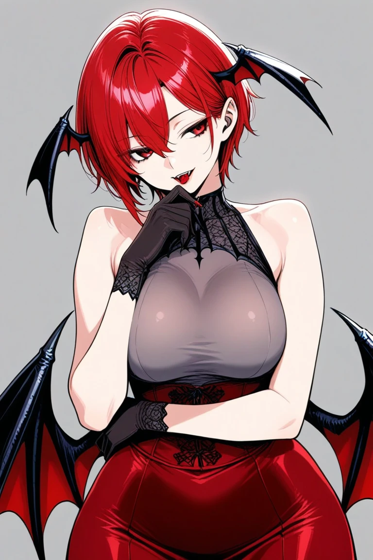 kuroda kazuya, score_7_up, source_anime, very aesthetic, absurdres, rating explicit, 1girl, solo, looking at viewer, blush, cowboy shot, large breasts, cleavage, grey lips, bare shoulders, black gloves, choker, corset, demon girl, demon wings, elbow gloves, eyeliner, gloves, pale skin, ponytail, red hair, wings
