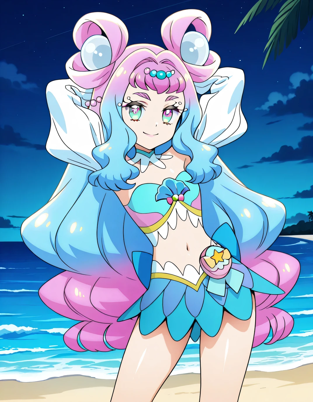 curelamer, tropri, shiny skin, source anime, high quality, solo, night sky, beach, hands behind head, ((contrapposto)), closed mouth, three-quarter portrait, looking at viewer, smile, best quality