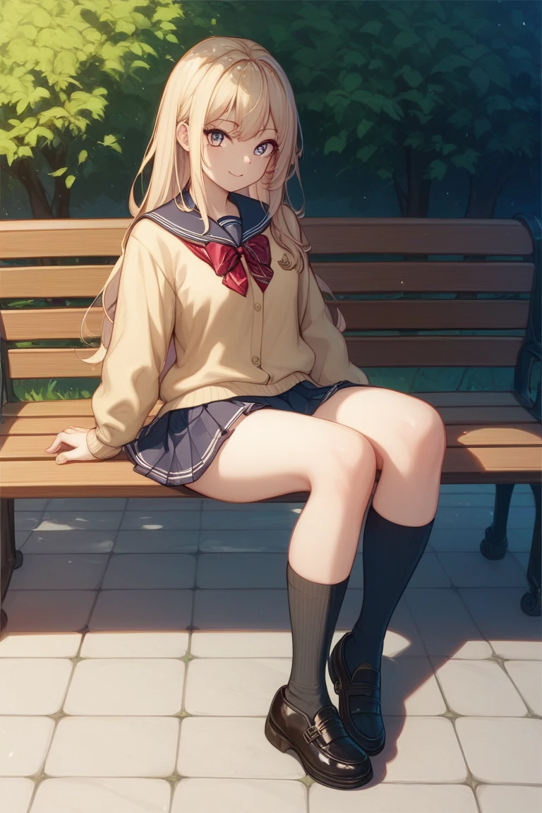 at a park bench, shaded spot, scenic view, relaxation, 1girl, def1, medium breasts, office outfit, white shirt, black skirt, heels, <lora:echidna2:1.0>, <lora:add_detail:0.3>