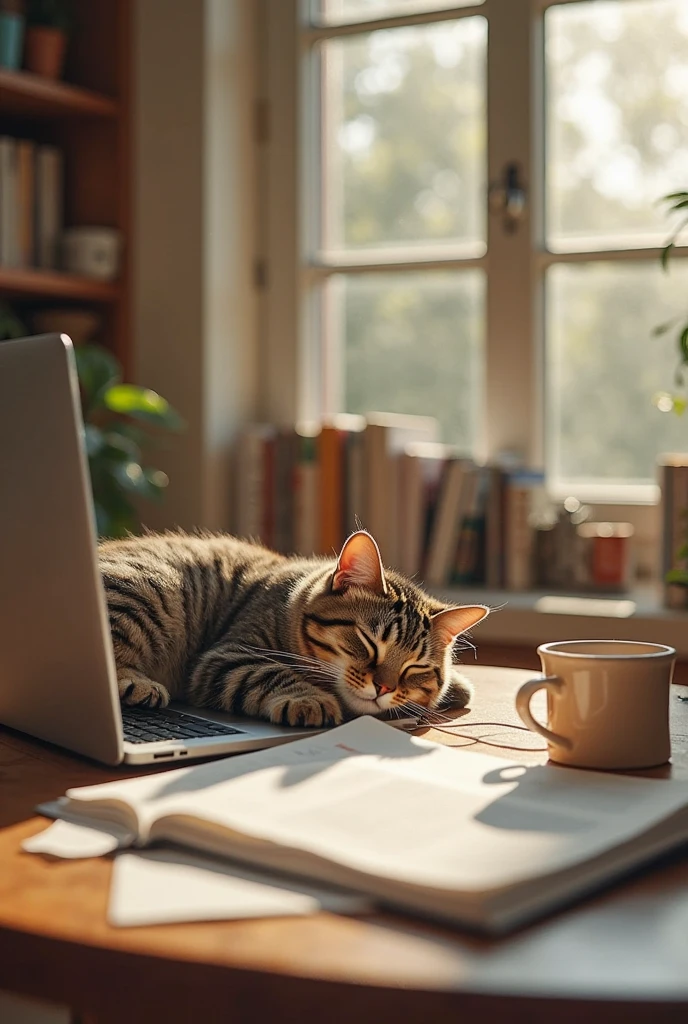 A cozy office with a cute tabby cat napping on a laptop, surrounded by coffee cups and documents. The cat has a striped coat and a tiny bowtie, looking peaceful. The office has a warm, wooden aesthetic, with soft daylight streaming through large windows. High detail, realistic fur, warm and cozy atmosphere, ultra-HD.
