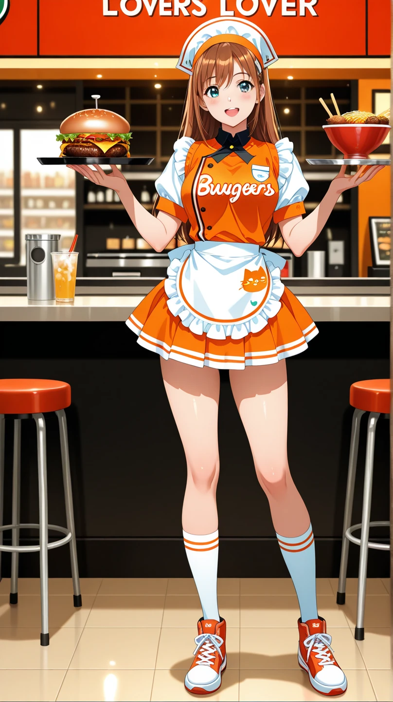 Animation-style illustration,
Future world,
A mix of a hamburger shop and a ramen shop.
The restaurant is dark and dilapidated.
Please make my dream lover, a girl dressed as an orange cat, an employee!
She doubles as a hamburger waitress and a ramen chef.
She serves burgers and ramen on a tray.
Full body,
Looking at viewer,
All the customers in the restaurant are female and wear basketball uniforms.