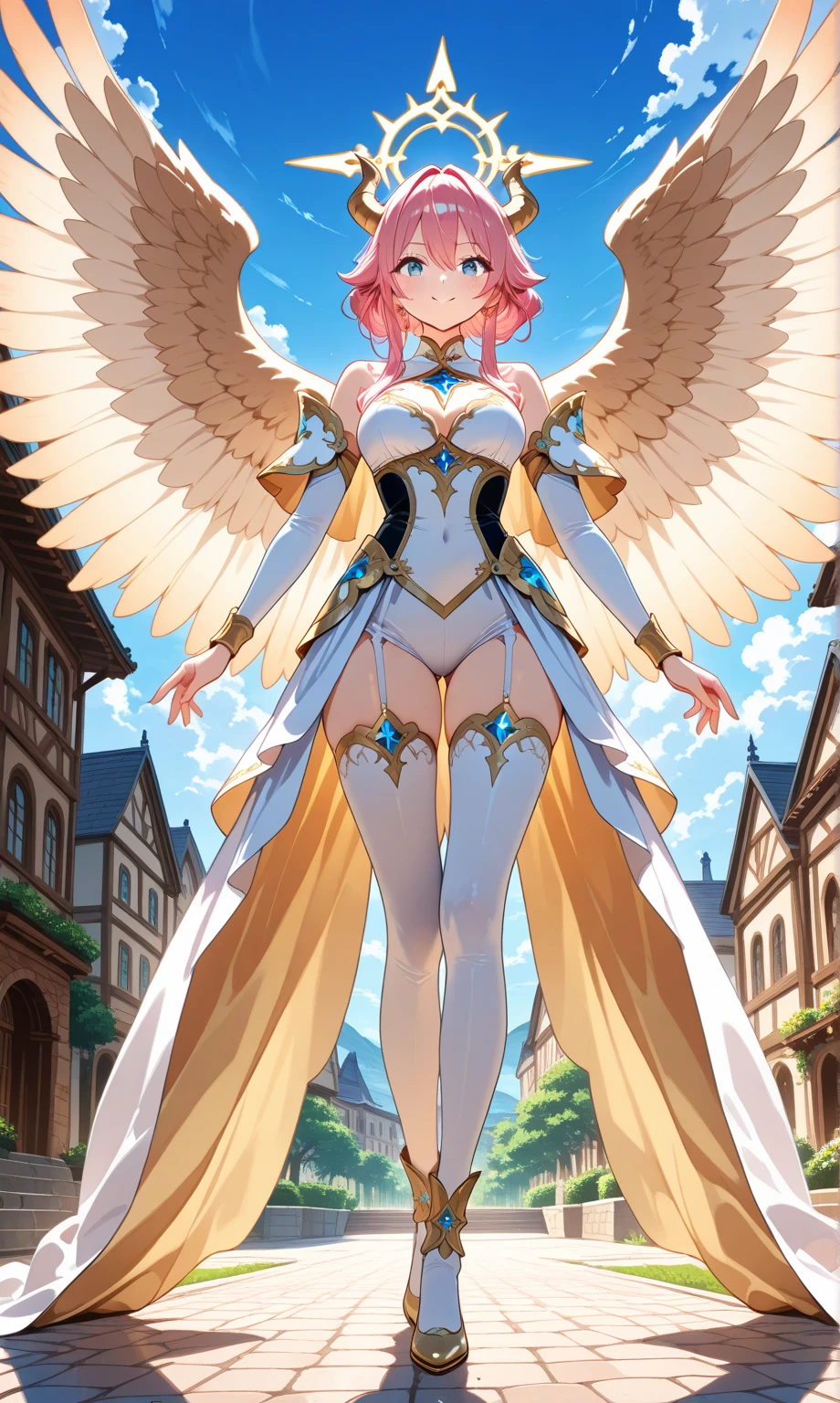 4K,High resolution,One Woman,Harpy,Blonde,Long Ponytail,Blue Eyes,Big Breasts,White Wings,Golden toenails,princess,Pink Dress,Jeweled clothing,princessのティアラ,Medieval castle town