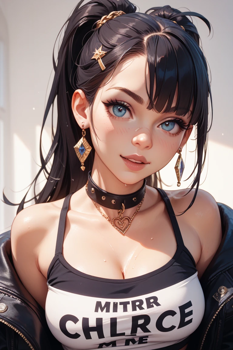 ((((masterpiece)))), high quality, very_high_resolution, large_filesize, full color, bikini, gold eyes, black hair, rainbow hair, silver bracelet, Cuban link necklace, cute, adorable, beautiful, high contrast, colorful, 5 fingers, slim body, jewelry, long hair, pony tail, hoop gold earrings, confident