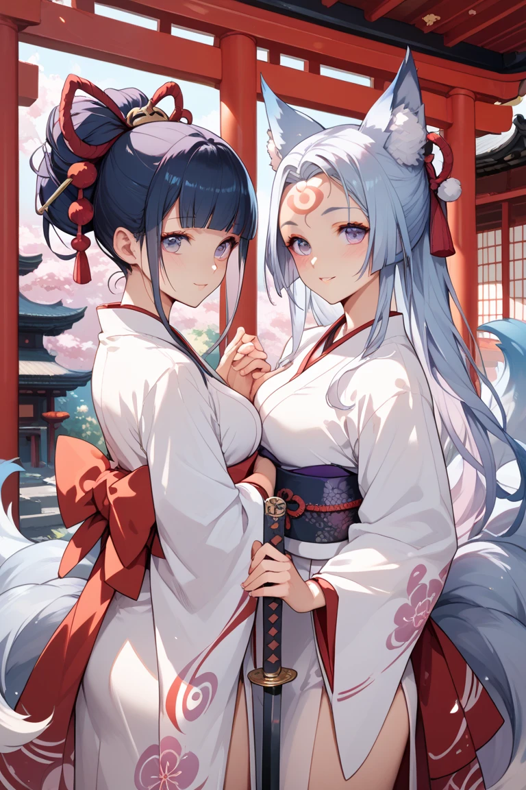 Best Quality、masutepiece、(shrine maiden、japanes、Beautuful Women、25-years old、Beautuful Women:1.5、cute mature :2、spotless、D-cups)、hydrangea、(ssmile、slightly red cheeks)
(1st woman has blue eyes) (2nd woman has red eyes)
(woman 1 has long white hair)
(woman 2 has long black hair)