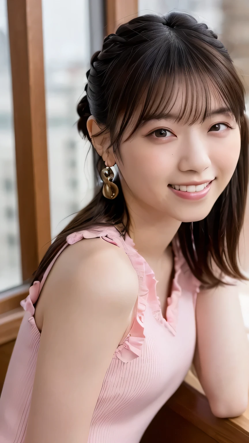 (Best Quality, masutepiece, photographrealistic, ultra-detailliert, 超A high resolution, raw:1.3), (4 girls, Beautiful Japan actress, 25 years old), double iris), (Smile), Detailed face, She has big ring earrings and red eyeshadow makeup.。,Bright blonde delicate mid-cut hair,The ends of the hair are wavy,Classy hairstyle,Detailed eyes, (Actress with slender figure,small tits, Smaller hips, sideboob barbosa), (Butt crack, naked waist, Bare back:1.3), (sexy silk embroidered mermaid dress:1.2), (from behind), up looking_で_viewer, BREAK black long hair, BREAK (Ceremony, Red carpet, Large crowds:1.5),My butt is also exposed,Profile beauty,