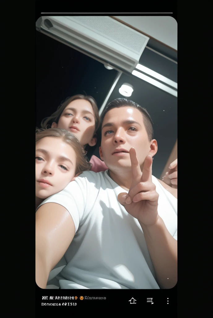 Three -yelds pfor a selfie, with one person slightly distanced from the other two. The central figure wears a black blouse and has a neutral expression. The background features a blurred cityscape under a cloudy sky.