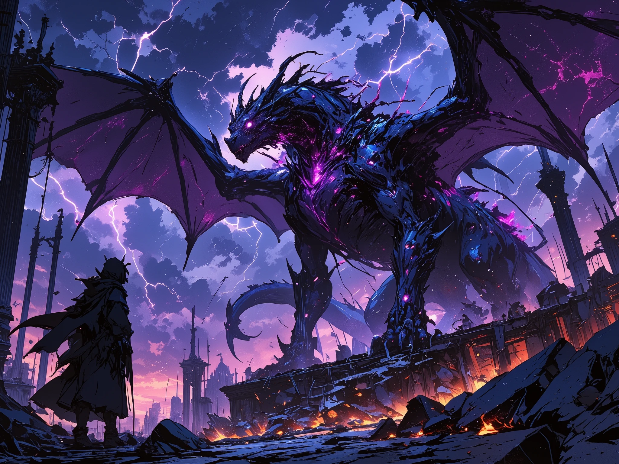(( (anime style),(4k), (epic composition), (blacklight), (best quality), (masterpiece), (highres), (extremely detailed), (immersive background), (post-apocalyptic))). ((whimsical fantasy style, highly detailed, dark colors, dynamic posing, intricate designs, dramatic lighting, playful atmosphere, digital painting, masterpiece, best quality, inspired by food-themed adventures)). "A towering shadow dragon with sleek, obsidian-black scales fused with jagged, glowing violet crystals that pulse with chaotic energy. Its piercing spectral eyes burn with an ominous light, emitting faint streaks of violet. Jagged crystalline horns spiral from its skull, refracting the eerie glow around it. Tattered wings with shadow-like veins spread wide, trailing streams of darkness and corrupted energy. Its massive claws and tail are adorned with sharp crystalline protrusions, blending seamlessly into its corrupted form. The creature stands atop the ruined palace, surrounded by crumbling marble columns and fractured stone walls. The environment is drenched in shadows and violet light, the air swirling with faint tendrils of necrotic smoke and glowing embers. The sky churns with dense, stormy clouds veined with purple lightning, casting dramatic, angular shadows. A miasma of dark energy distorts the scene, enhancing the dragon's terrifying presence."