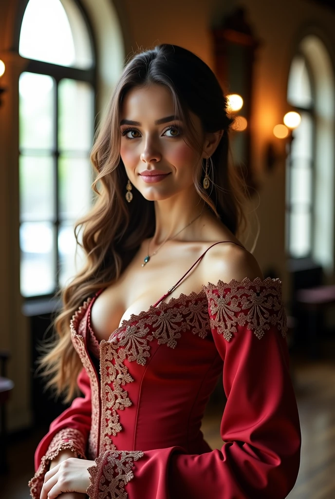 (photo of female citizen:1.3) 1girl, solo, small breasts, looking at viewer, smile, hair ornament, cleavage, dress, bare shoulders, jewelry, collarbone, upper body, red hair, flower, teeth, solo focus, hair flower, necklace, blurry, strapless, tattoo, depth of field, blurry background, (realistic:1.3) crowd, (in a medieval tavern:1.1), 8k, cinematic, fantasy