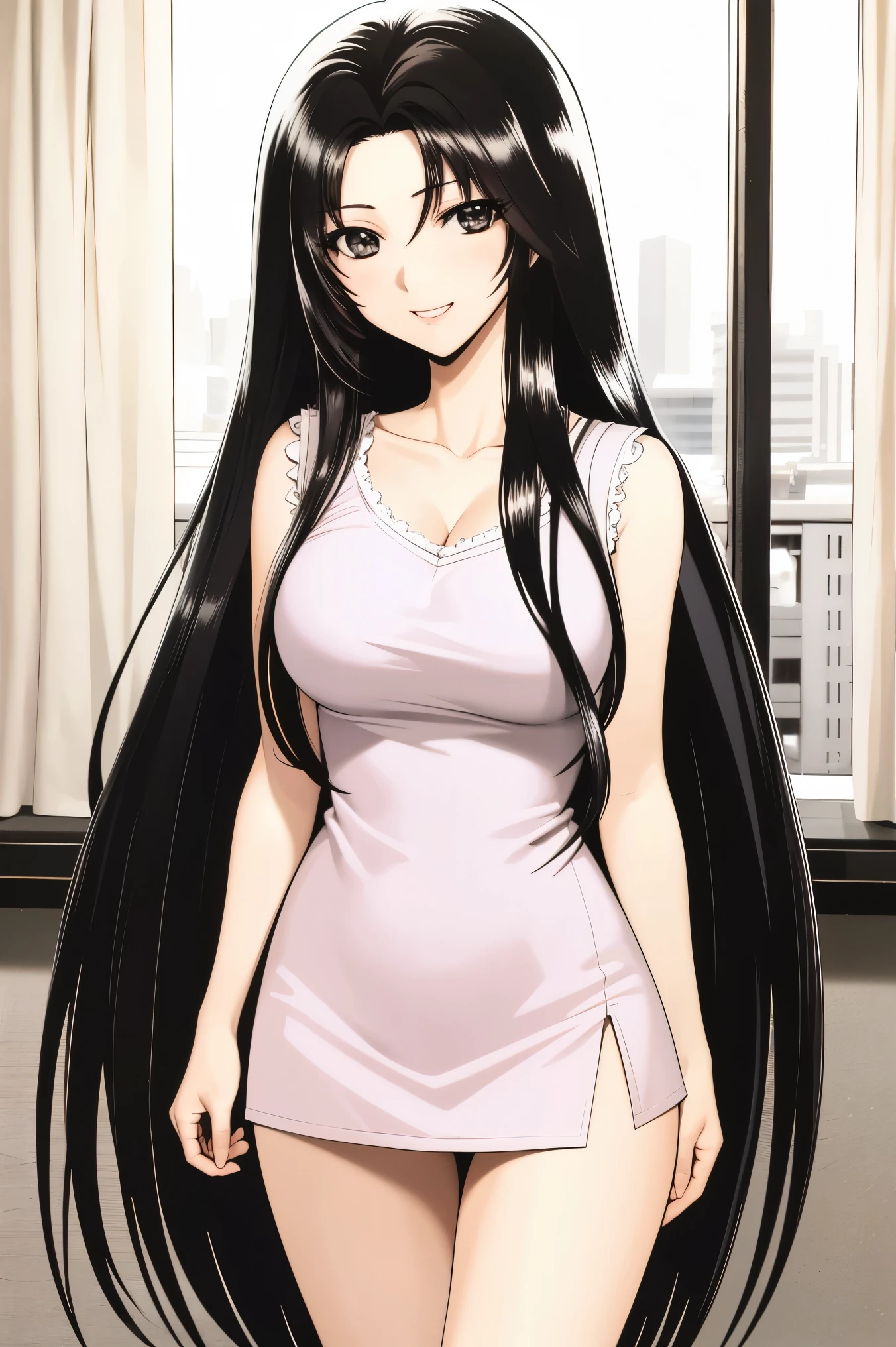 1990s\(style\)、1990sアニメセル画 style、best quality to deliver,( big eyes:1.2)、(Big Breasts:1.2),1 woman,Embarrassing Smile,masterpiece,best quality to deliver、adult woman,adult ladie,( 1 woman1.4)、masterpiece、best quality to deliver,masterpiece, best quality to deliver,Viewers, (black hair,long hair,brown eyes,)high definition,,(slender,busty),cleavage,(panty shot,white panty,white string panties),off-shoulder knit sweater,short knit sweater ,super miniskirt,standing open legs,(indoor,starry sky,love hotel bedroom),skirt lift, (full-face blush,ahegao)