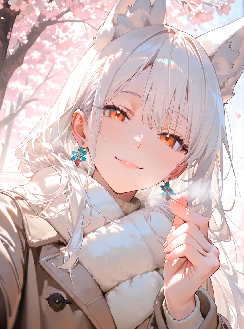 最高masterpiece,8k,4K,masterpiece,attractive woman,White Hair ,Her orange eyes, long hair,Brown lips,fox ears,angle from an angle,is wearing a winter coat,finger heart,best smile ,Small earrings,so cute,so pretty skin,delicate ,Beautiful light,spring,cherry blossoms,