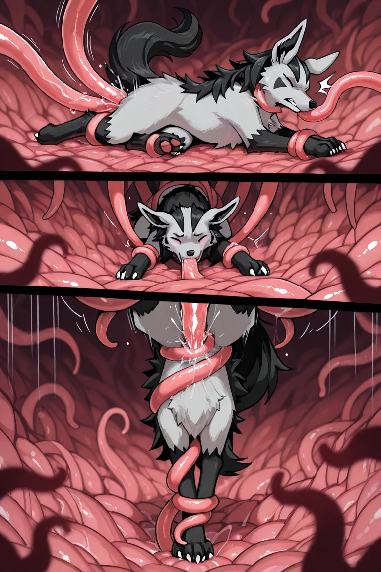 on e621, zackary911, by zackary911, solo, anthro, lycanroc midnight (perfect anatomy, red fur, white belly, hair detailed correctly), mom, bikini, choker spiked collar, huge boobs, thicc, lying on his back ((bed) (seductively)), detailed body, finely detailed eyes, tail, front view, looking at the observer with an embarrassed smile, blush, holding legs raised, perspective, pregnant, milk out of tits, giving birth, birthing, egg, birthing to egg, white with red spotted eggs, egg out of pussy, painful expression, pain, multiple eggs, blood out pussy, blood on bed, perfectly drawn pussy, perfectly drawn eggs, perfectly red and white, nipples on belly, half-unconscious, tentacles around body, tentacles in pussy, tentacles out pussy, tentacles around neck, tentacles around throat, tentacles around breasts, tentacles around belly, tentacles around legs, tentacles penetrating nipples, tentacles choking, blood out of mouth, perfectly drawn face, bellybutton penetration, forced, choking, almost dead, covered in blood